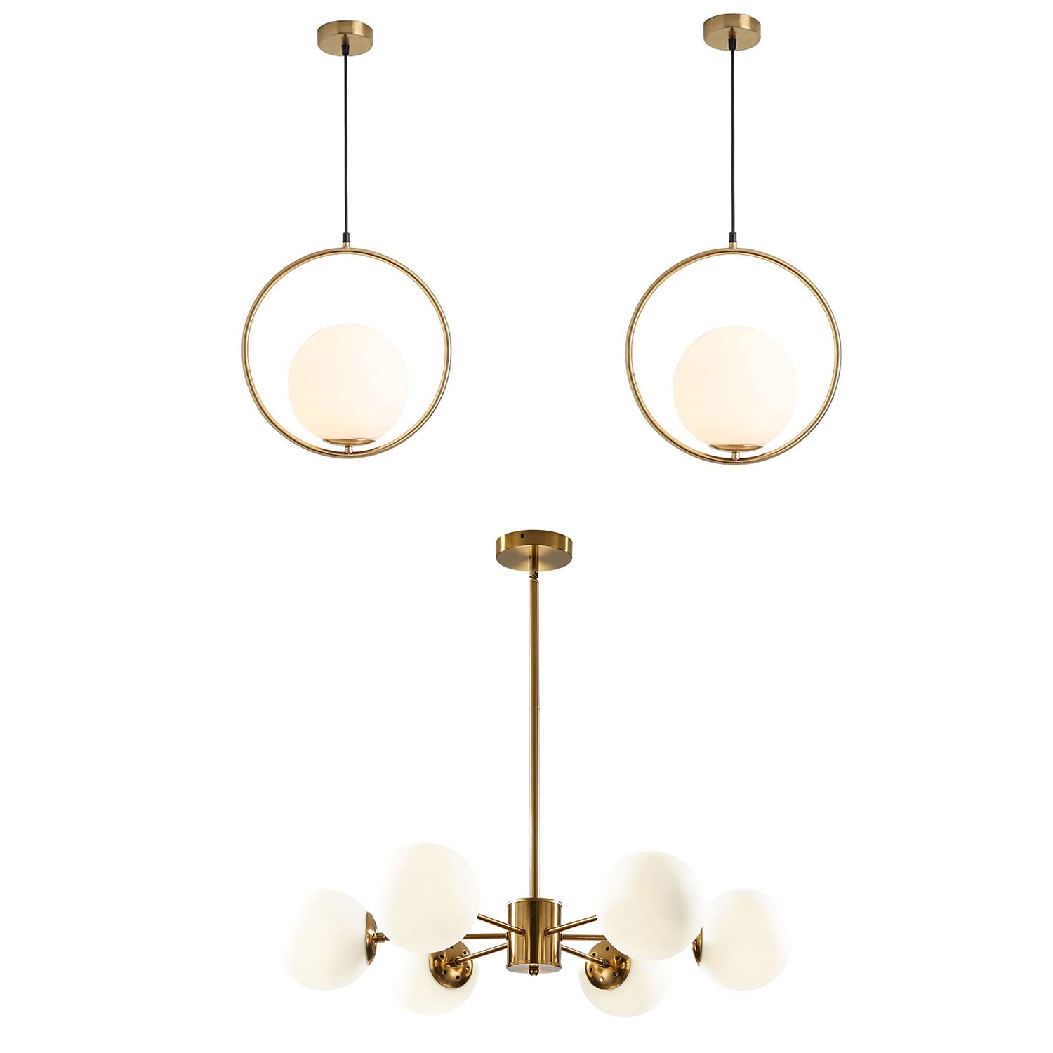 KCO Lighting 1-Light Globe Pendant & 6-Light Sputnik Chandelier Set - Modern Glass Globe Ceiling Light Fixture for Kitchen Island, Dining Room, Bedroom, Living Room - Perfect for Home & Restaurant Lighting Decor