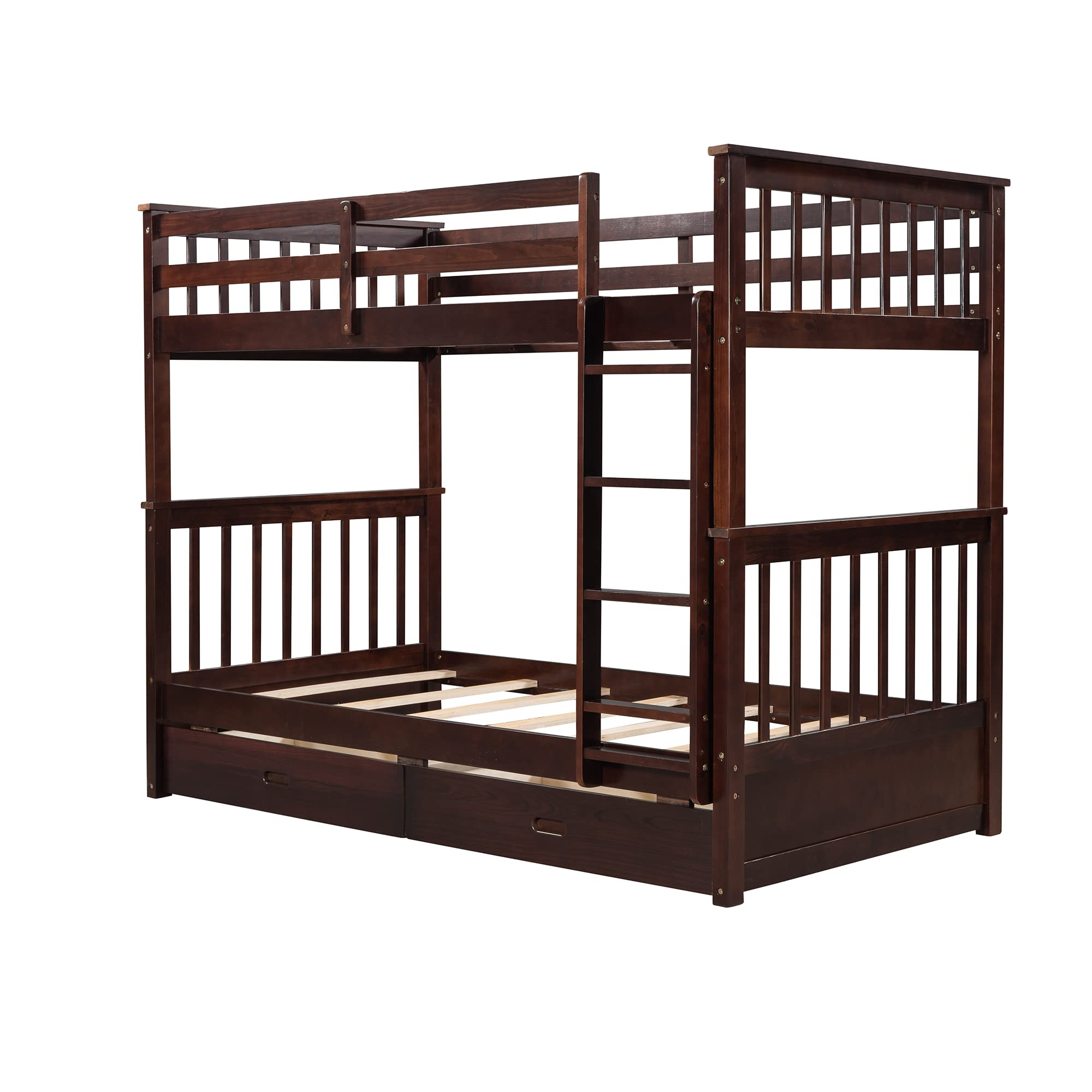Merax Twin Over Twin Bunk Bed Frame with 2 Storage Drawers & Safety Guard Rails - No Box Spring Required - Espresso Finish - Perfect for Kids' Bedrooms, Dorm Rooms & Space-Saving Home Furniture