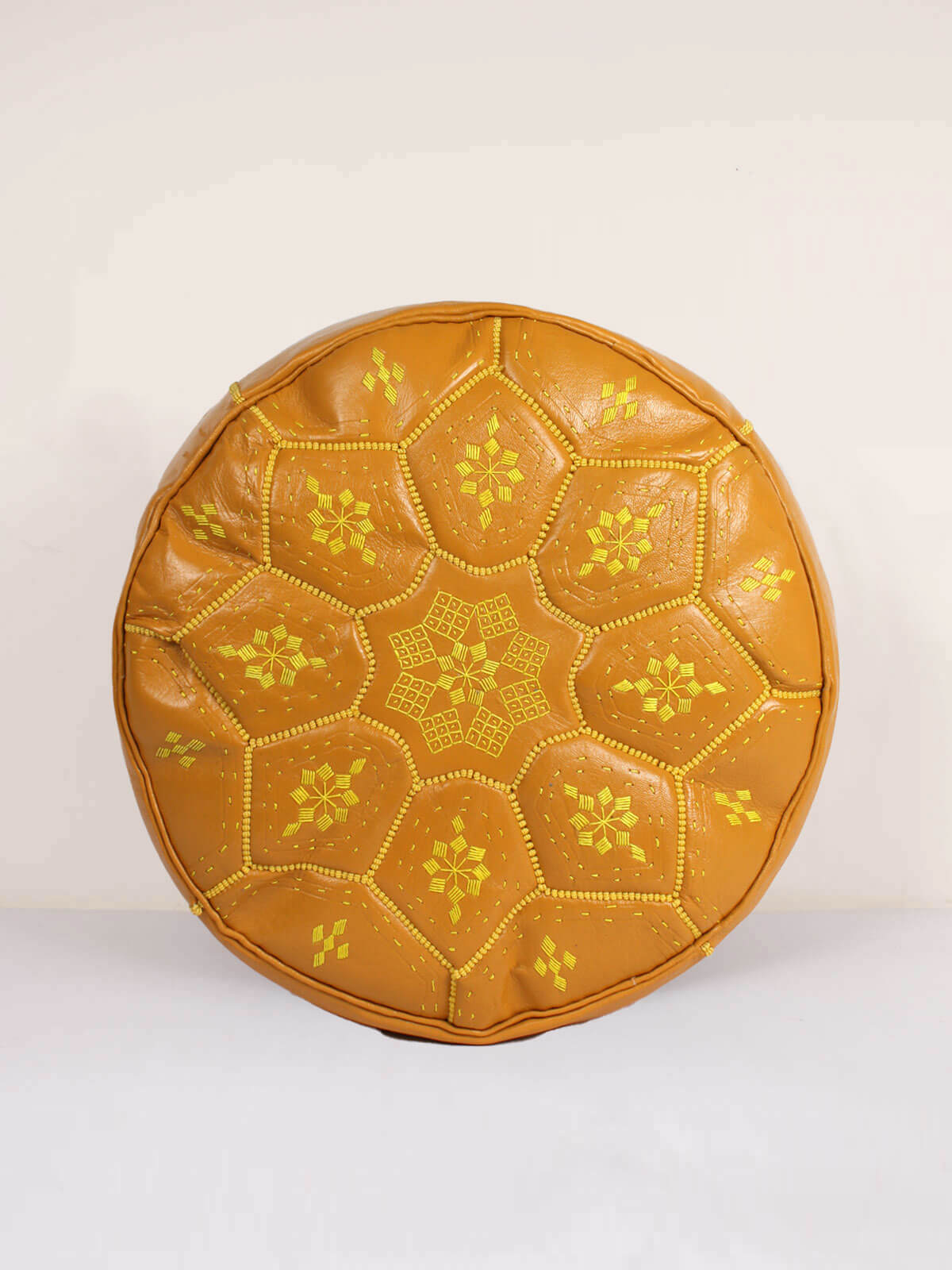 Handmade Moroccan Leather Tile Pouffe Ottoman - Mustard Yellow Boho Chic Footstool for Living Room, Bedroom & Lounge Decor