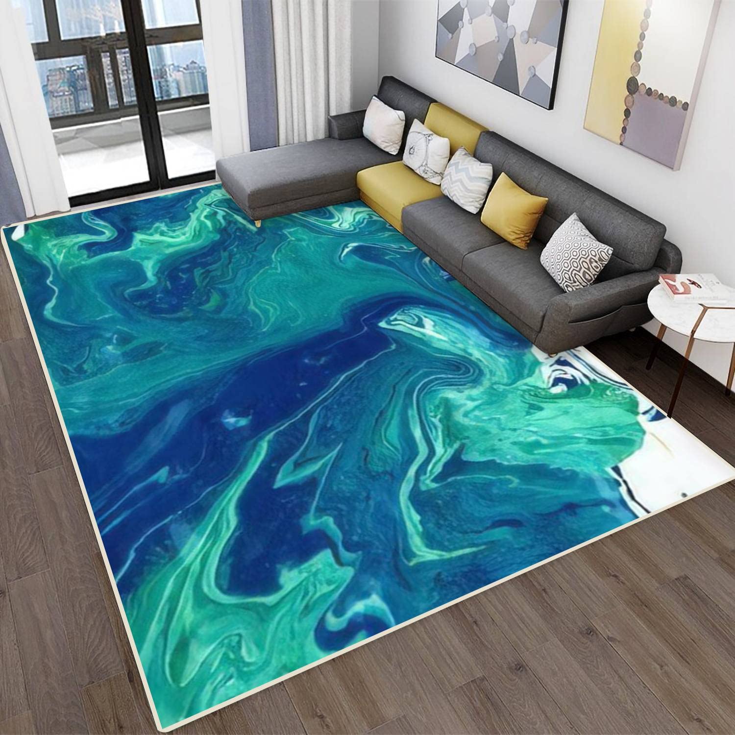Non-Slip Stain Resistant Modern Abstract Liquid Marble Area Rugs - Blue Marbled Design for Living Room, Bedroom & Home Decor - Indoor/Outdoor Carpet Mat Perfect for High-Traffic Areas & Pet-Friendly Spaces