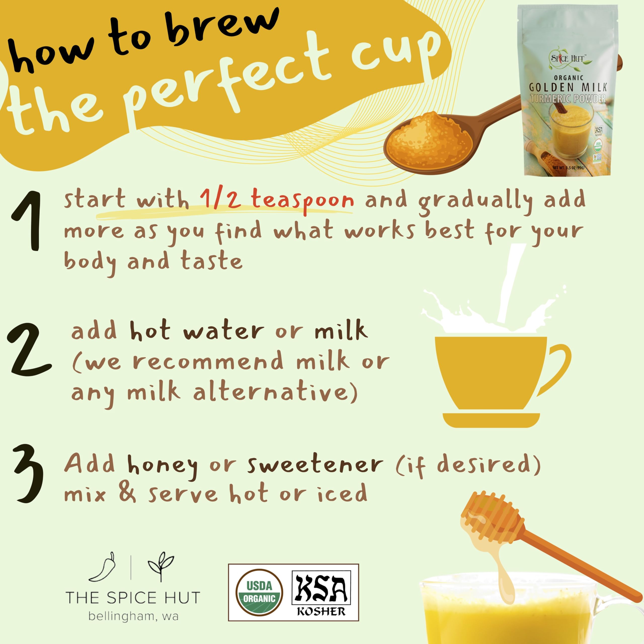 Organic Golden Milk Turmeric Powder with Ginger - All Natural, No Added Sugar, Vegan, Gluten-Free - 3.5 oz for Golden Milk Lattes, Tea, Smoothies & Wellness Drinks - The Spice Hut Premium Spice Blend