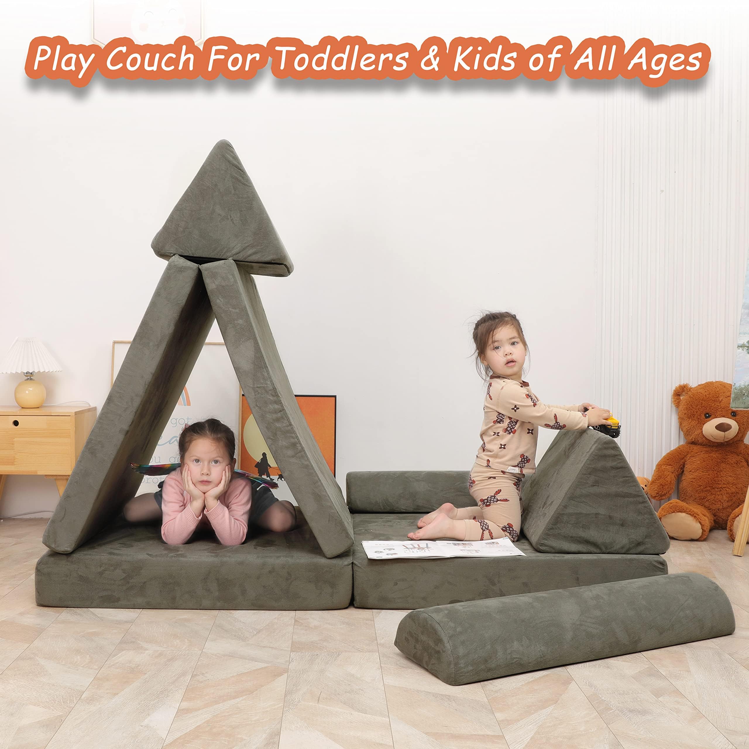 **Large Modular Play Couch for Kids – Convertible Foam Cushion Sofa for Boys & Girls, Charcoal Grey – Perfect for Playroom, Bedroom & Building Forts**