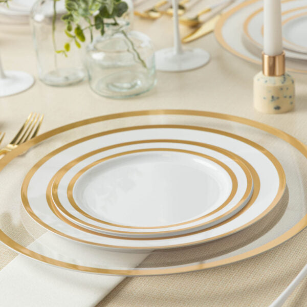 32-Piece White and Gold Rim Plastic Dinnerware Set for 16 Guests - Elegant Symmetry Design for Parties, Weddings, and Outdoor Dining
