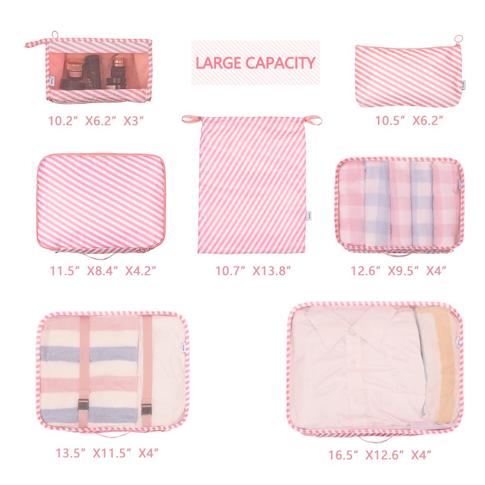 7-Piece Travel Packing Cubes Set with Toiletry Bag - Pink Stripe Organizers for Luggage & Suitcases | Perfect for Business Trips, Vacations & Weekend Getaways