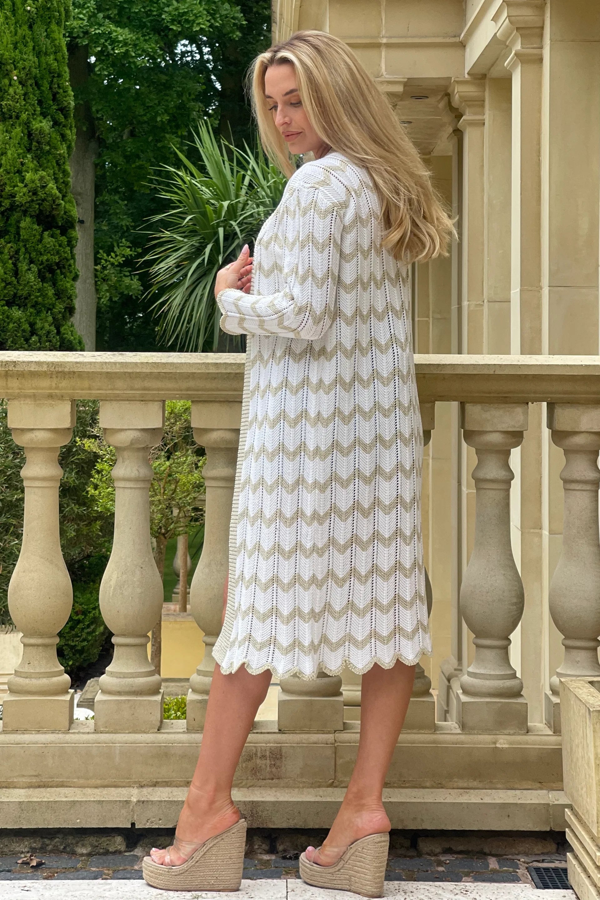 Ingrid Crochet Gold Chevron Cardigan for Women - Elegant White & Gold Knit Sweater | Perfect for Fall Layering, Boho Outfits & Casual Chic Style