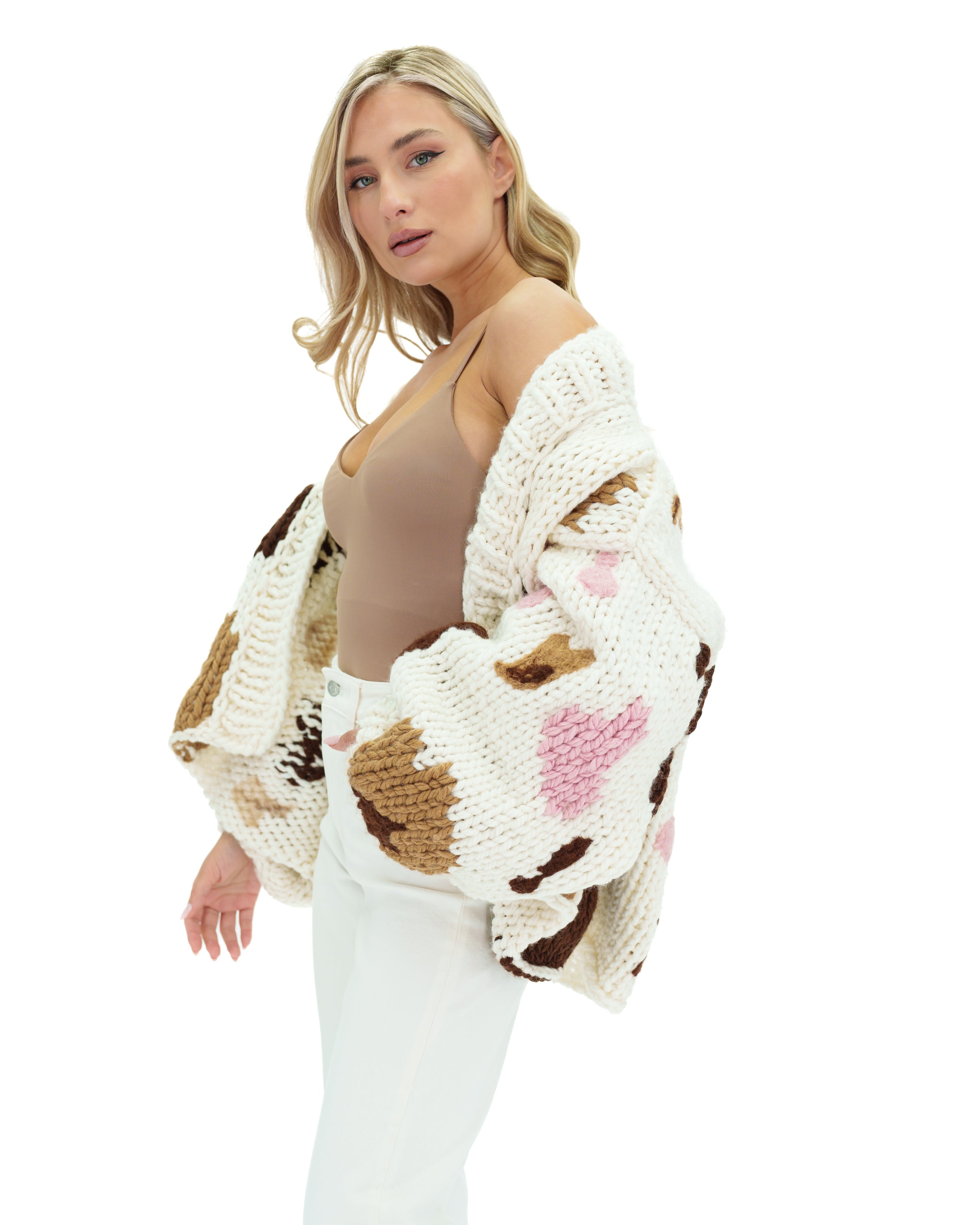 Women's Chunky Knit Cow Print Cardigan Sweater - Cozy Oversized Winter Pullover for Casual Outfits & Lounge Wear