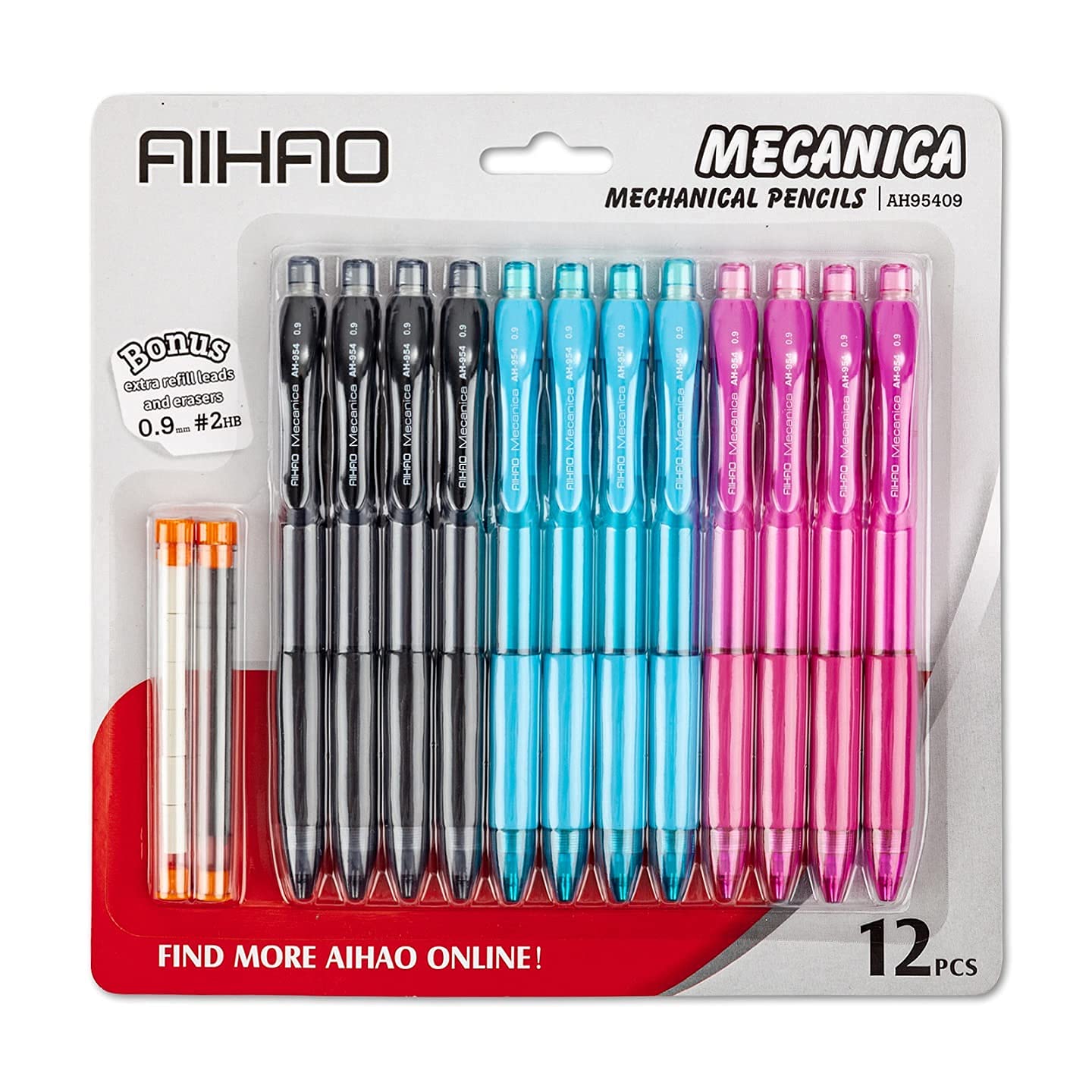 AIHAO 0.9mm Mechanical Pencils 12-Pack - HB Lead, Comfort Grip for School & Office