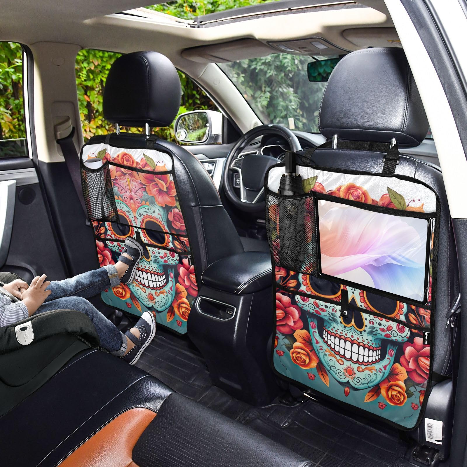 Premium 2-Pack Sugar Skull Floral Car Kick Mats - Durable Back Seat Protector for Kids with 3 Storage Pockets | Universal Fit for Trucks, SUVs & Sedans | Perfect for Road Trips, School Runs & Family Travel