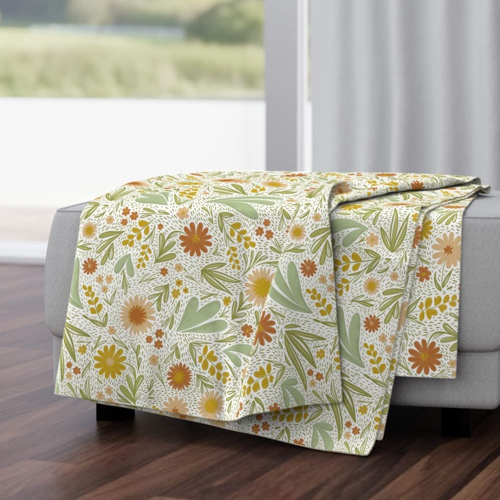 Luxe Velvet Throw Blanket 50x70 Inches - Meadow Flowers Floral Sage & Mustard Botanical Print | Soft Cozy Blanket for Bed, Couch, Sofa, Living Room Decor