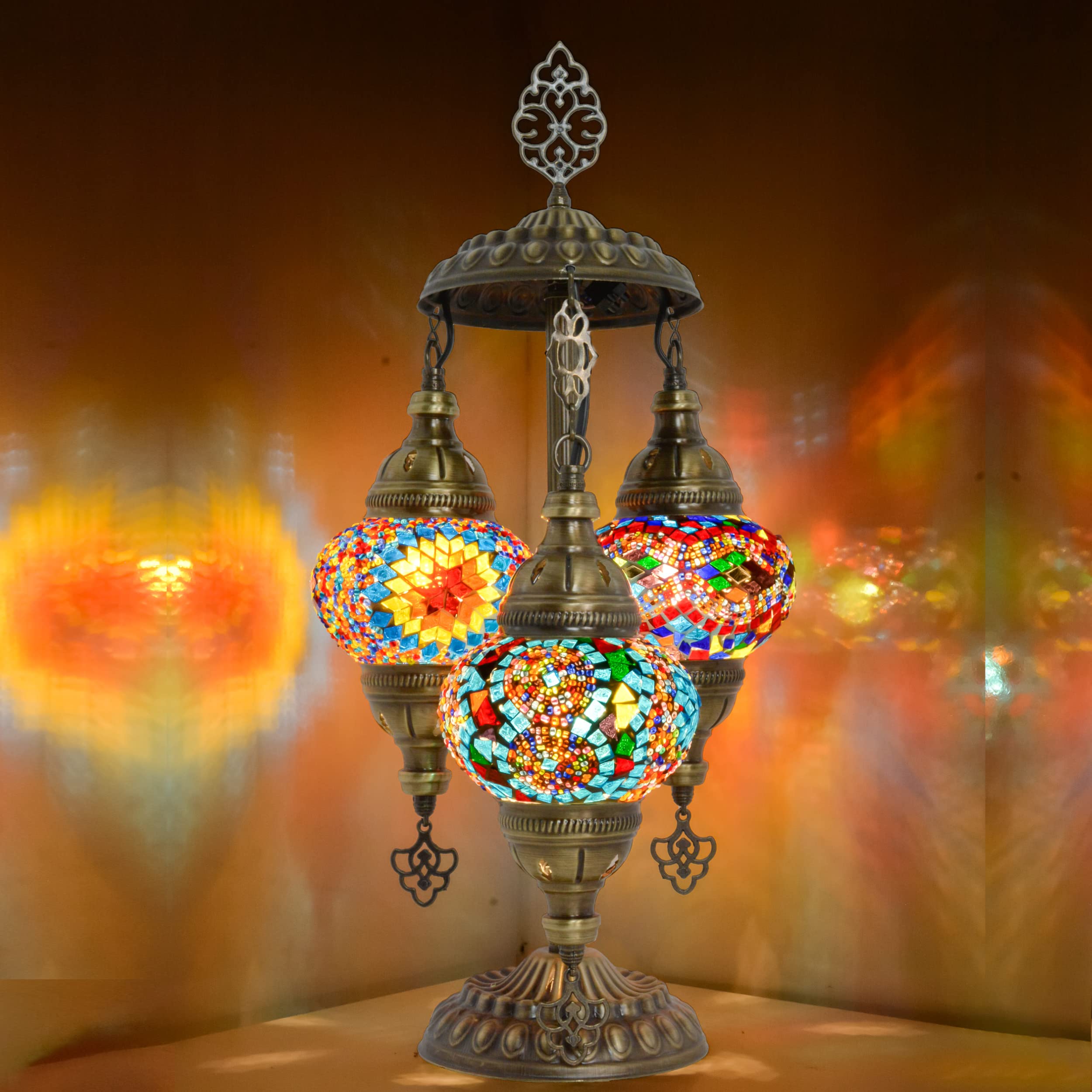 Tiffany Style Turkish Stained Glass Table Lamp - 3 Globe Mosaic Moroccan Desk Light, Bohemian Vintage Bedroom Nightstand Lamp, Handmade Antique Rustic Decor with Colorful Lighting (Cappadocia Balloon Design) - Perfect for Living Room, Bedroom, Office & Meditation Space Decor