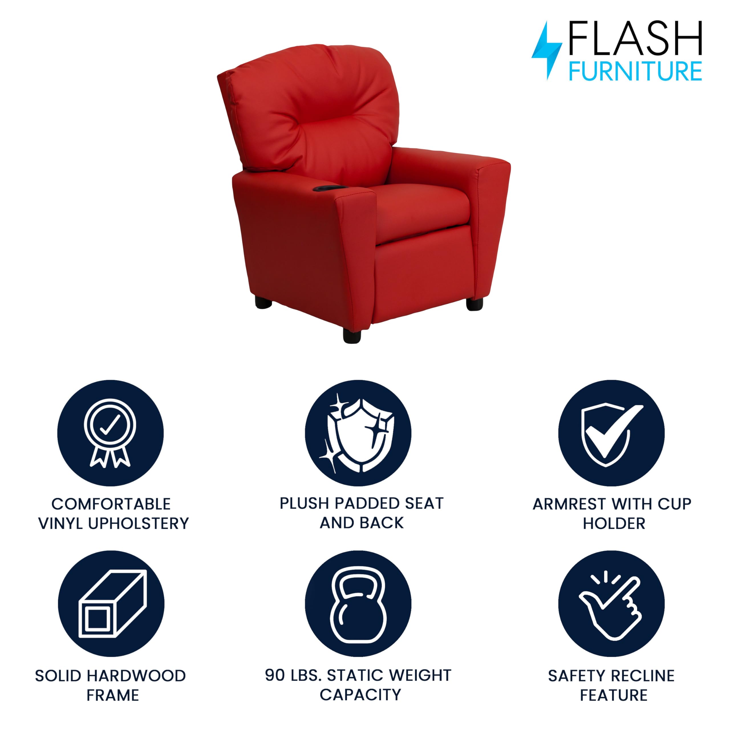 Flash Furniture Chandler Vinyl Kids Recliner with Cup Holder & Safety Recline - Contemporary Reclining Chair for Children (Supports up to 90 lbs, Red) - Perfect for Playrooms, Bedrooms & Movie Nights