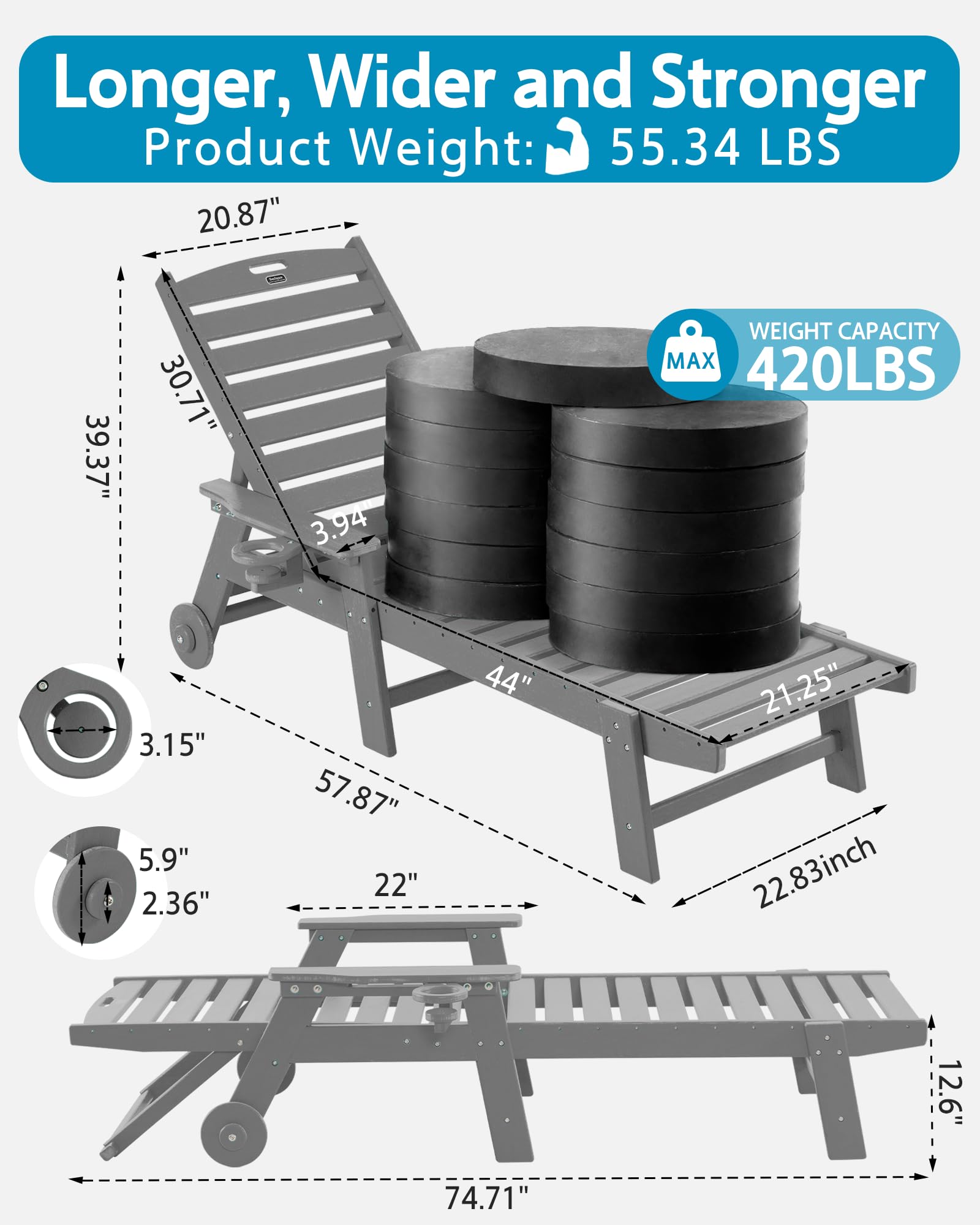 Outdoor Chaise Lounge Chair with Wheels - Oversized Patio Lounge Chair with Wood Texture - 5-Position Adjustable Plastic Sunbed for Pool, Beach, Deck & Backyard - Perfect for Relaxing, Sunbathing and Outdoor Lounging