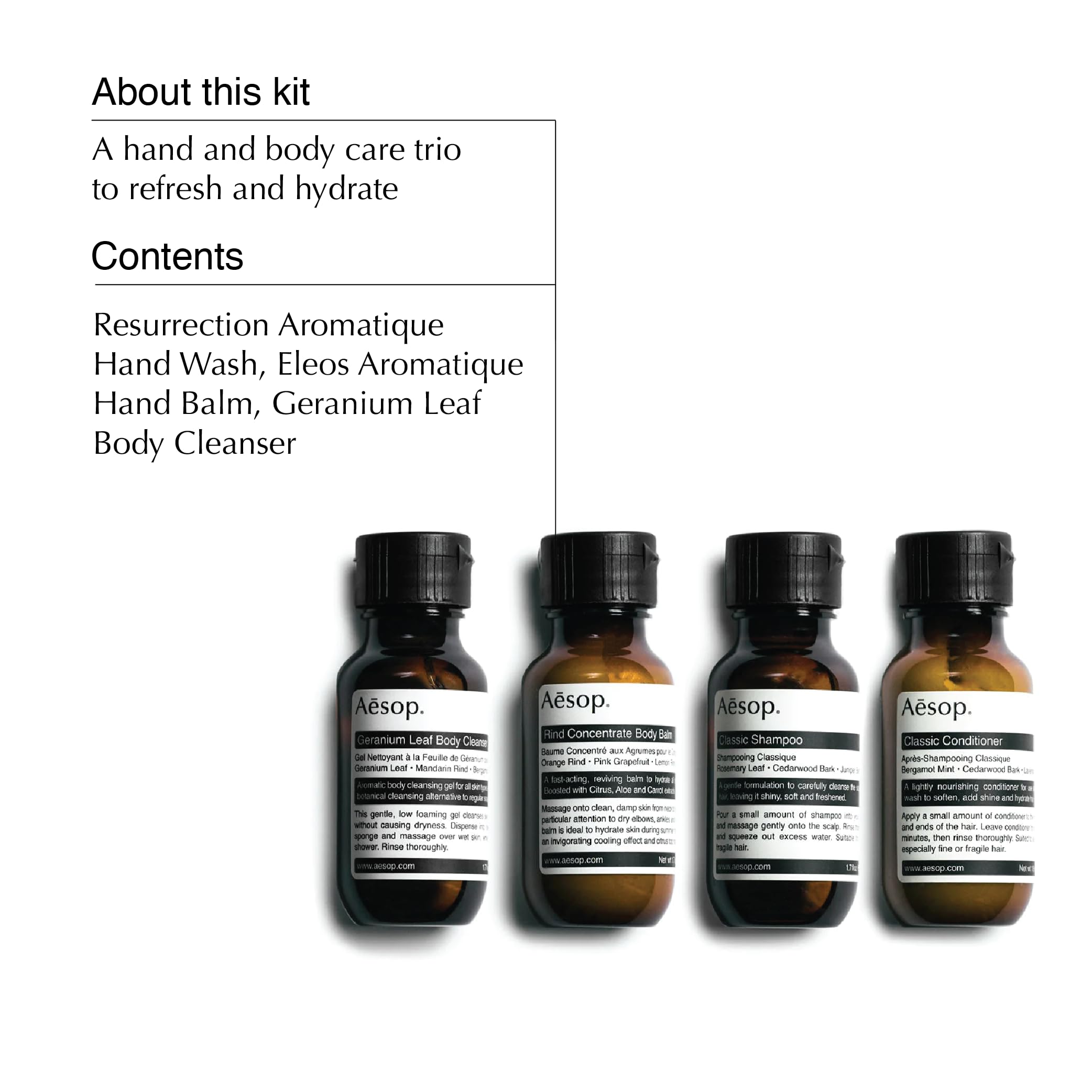 Aesop Travel Set - 1.7 oz Body Wash, Body Balm, Shampoo & Conditioner (Pack of 4) | Premium Vegan Skincare for Hotels, Gyms & On-the-Go