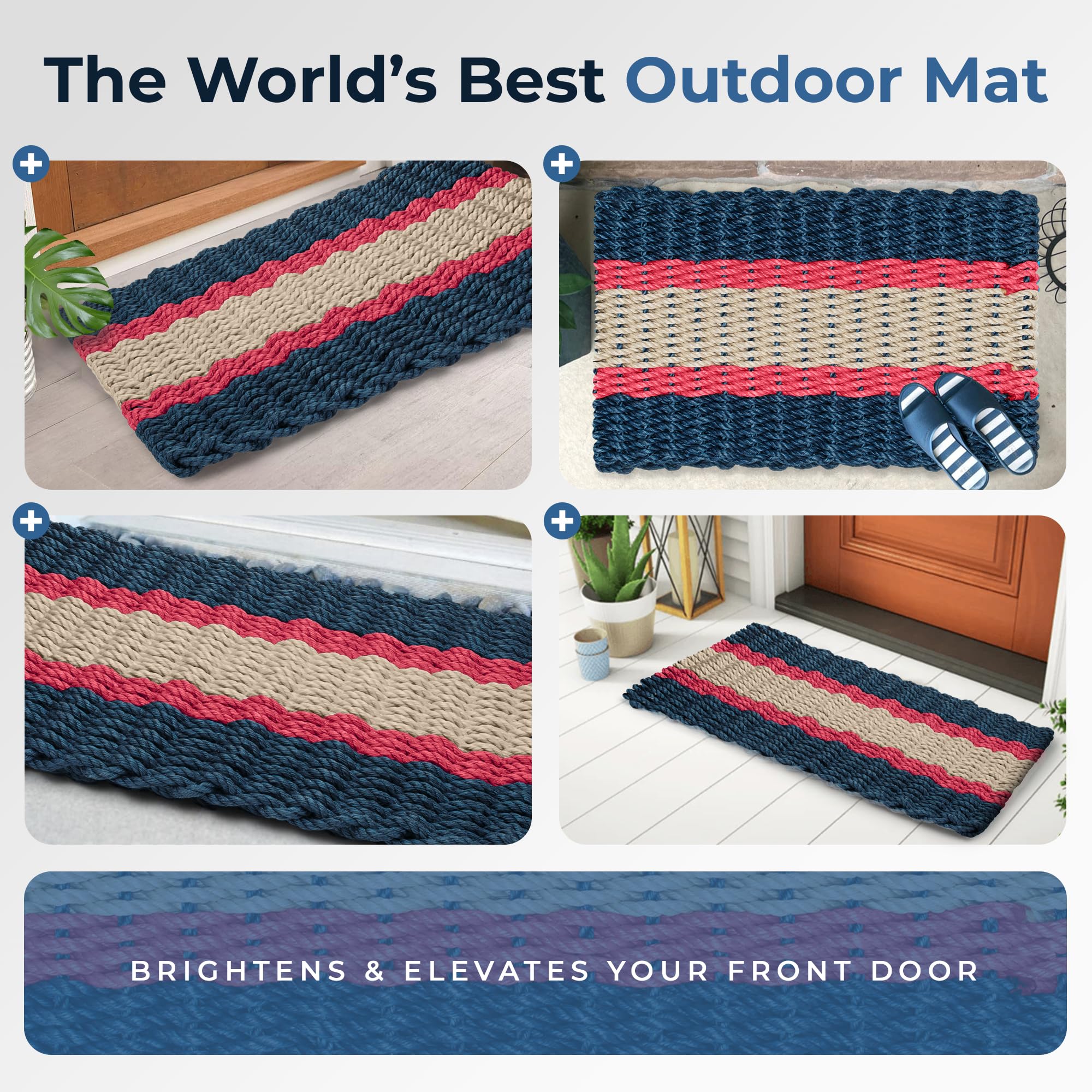 Premium All-Weather Outdoor Door Mat - Original Lobster Rope Woven Doormat for Front Entryway | Durable Nautical Rope Welcome Mat in Navy, Red & Light Tan (24