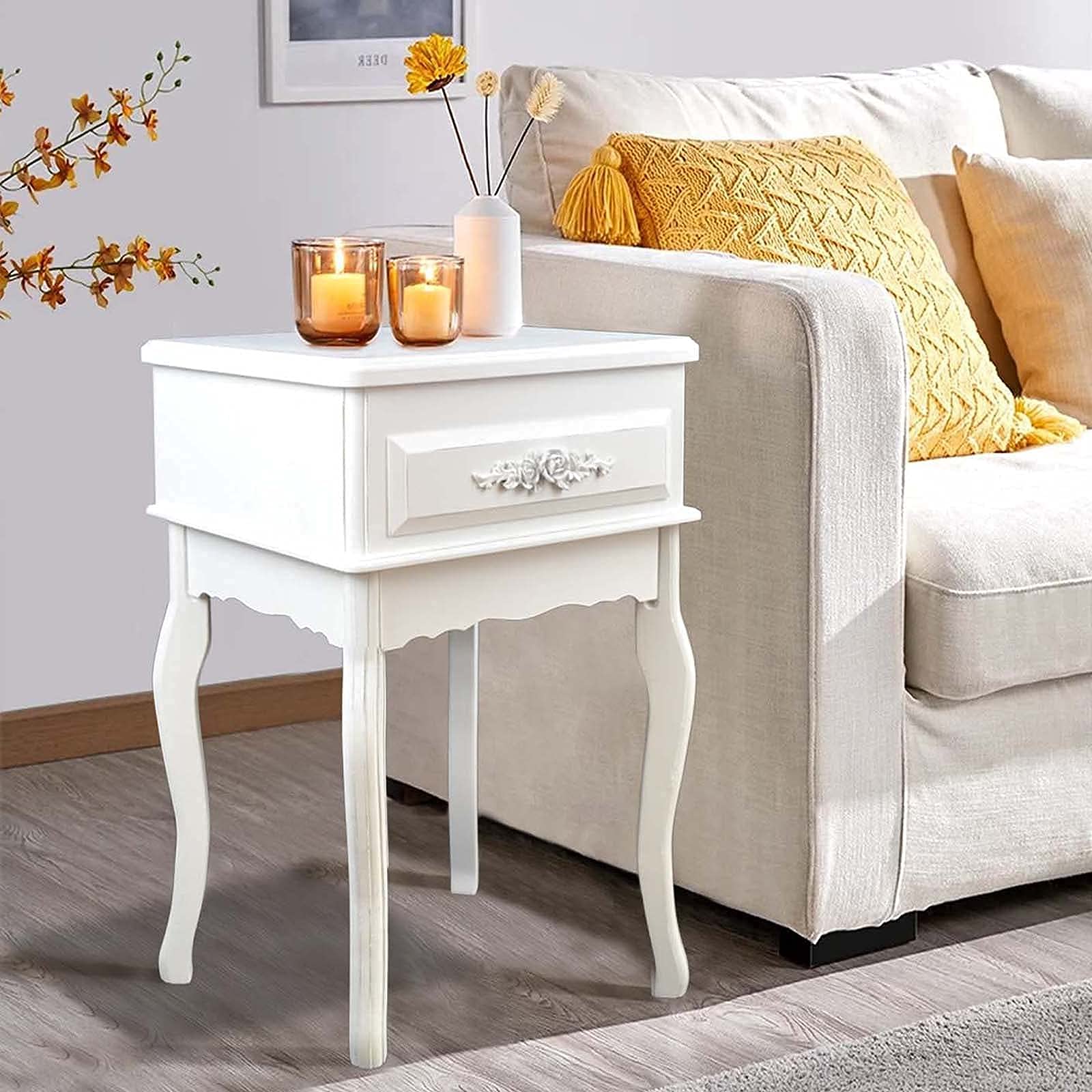 Vintage White Wooden Nightstand - Queen Anne Style Shabby Chic End Table | Antique Victorian Bedside Table for Bedroom | Small Accent Table for Kids Room, Nursery & Living Room Decor