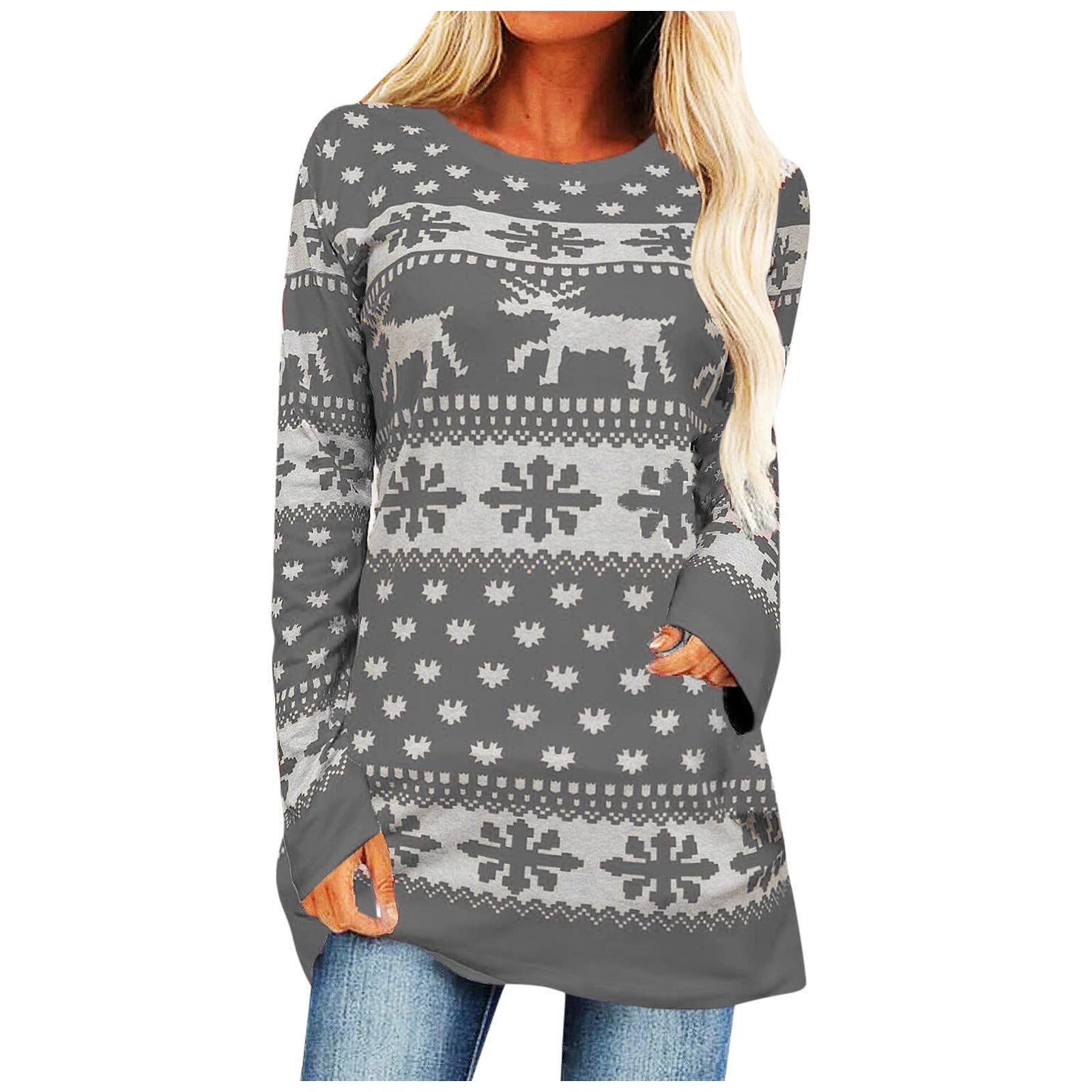 Festive Women's Christmas Shirts - Sparkling Sequined Reindeer & Plaid Print Flowy Tunic Tops with Pockets, Loose Long Sleeve Blouse for Holiday Parties, Family Gatherings & Office Celebrations