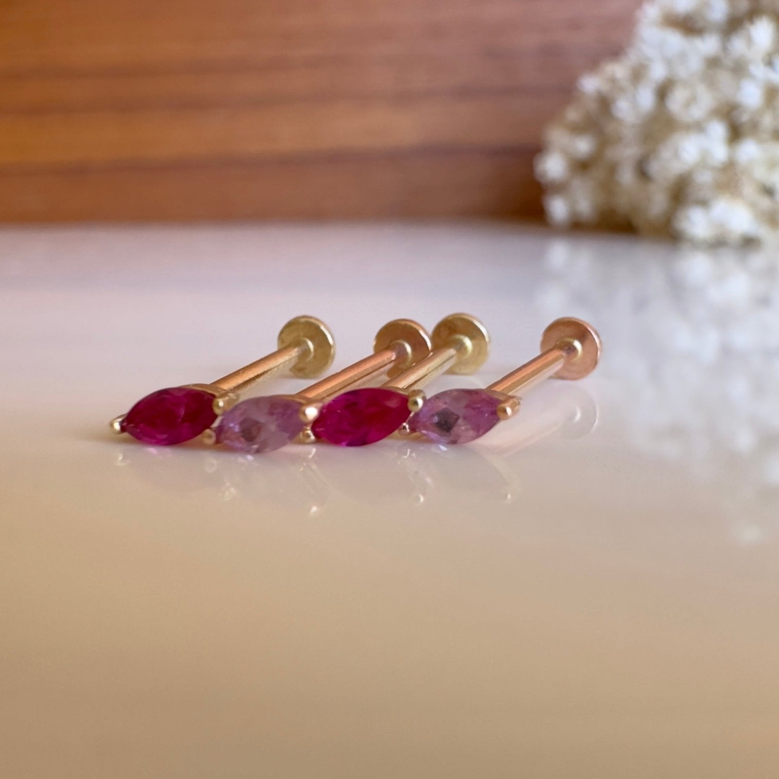 14K Yellow Gold Marquise Pink Ruby Flat Back Stud Earrings for Women - Elegant Dainty Jewelry for Parties, Weddings & Everyday Wear