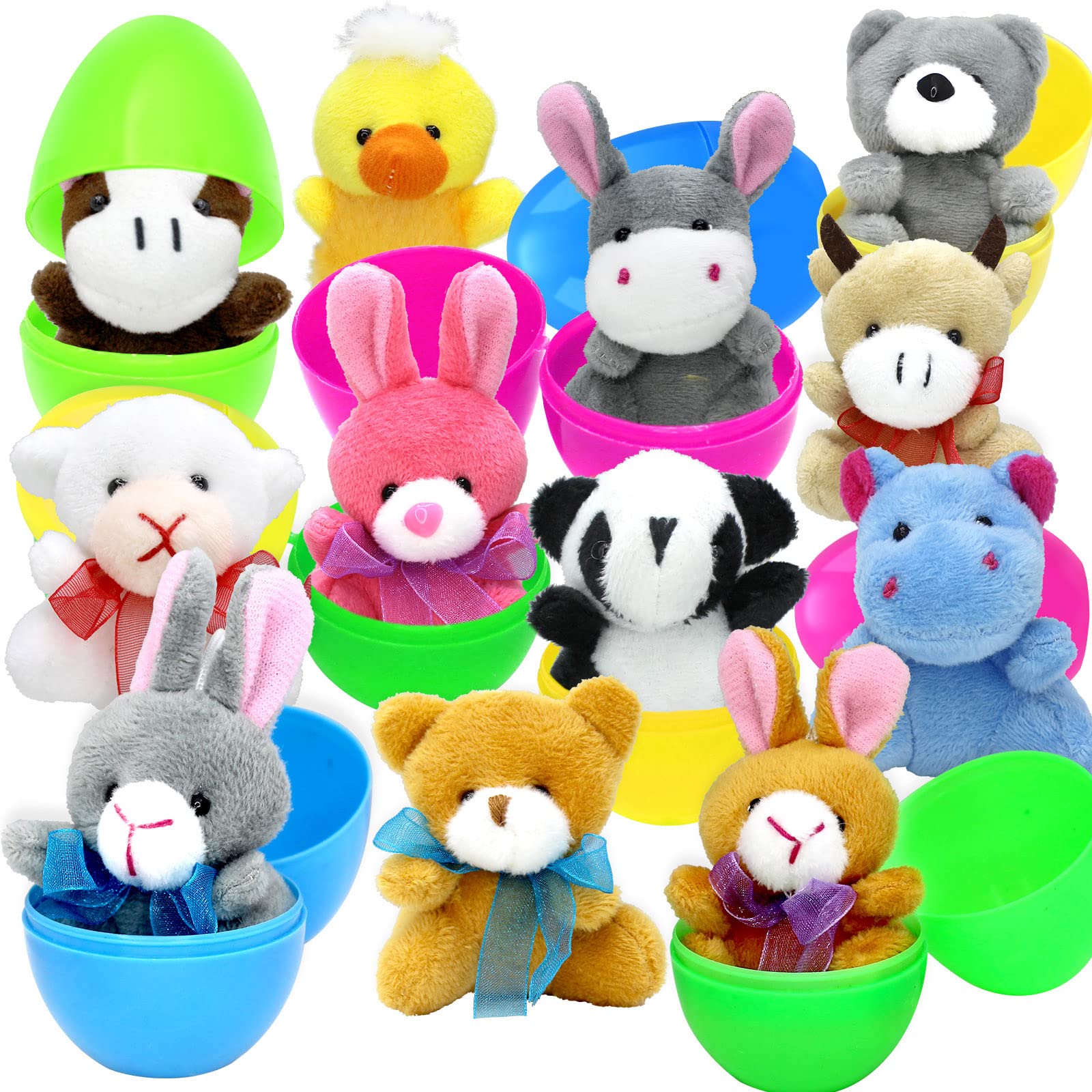 12PCS Filled Easter Eggs with Plush Animal Toys Inside - Prefilled Easter Eggs for Easter Egg Hunt, Easter Basket Stuffers, Classroom Prizes - Perfect for Easter Party Games, Kids Gift Baskets & Spring Celebrations