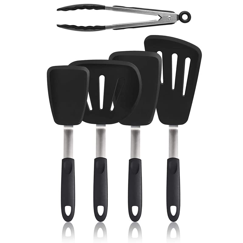 Premium Black Spatula Set with Stainless Steel Handle, Nonstick Kitchen Tools, Heat Resistant Cookware & BBQ Clips (5pcs) - Ideal for Cooking, Grilling, and Baking