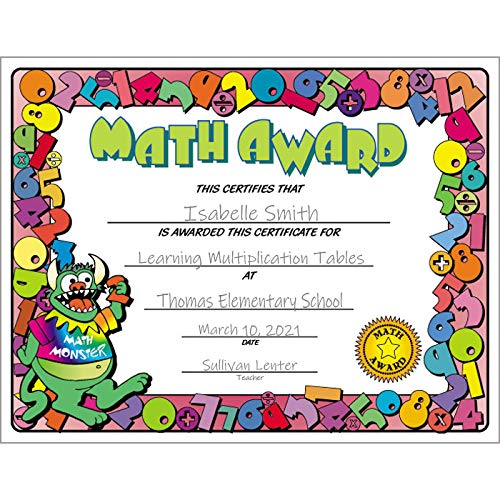 Jones School Supply - Set of 500 Colorful Math Achievement Certificates for Elementary Students - Perfect for Classroom Awards, Math Competitions & End-of-Year Recognition