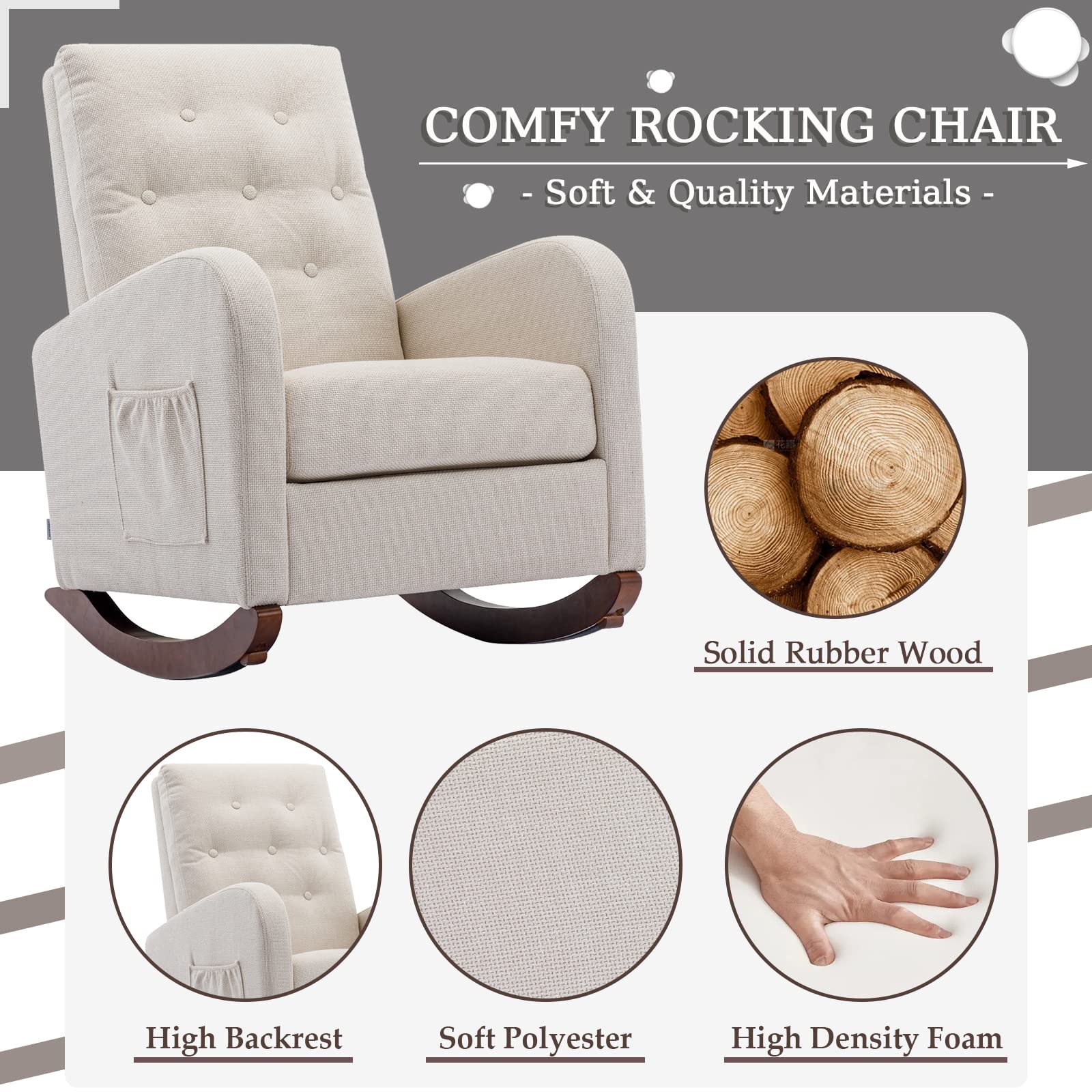 Comfy Padded Rocking Chair with Storage Pocket - High Back Solid Wood Nursery Rocker, Modern Accent Armchair for Living Room & Baby Nursery (Beige with Button Decor) - Perfect for Nursing, Reading & Relaxing