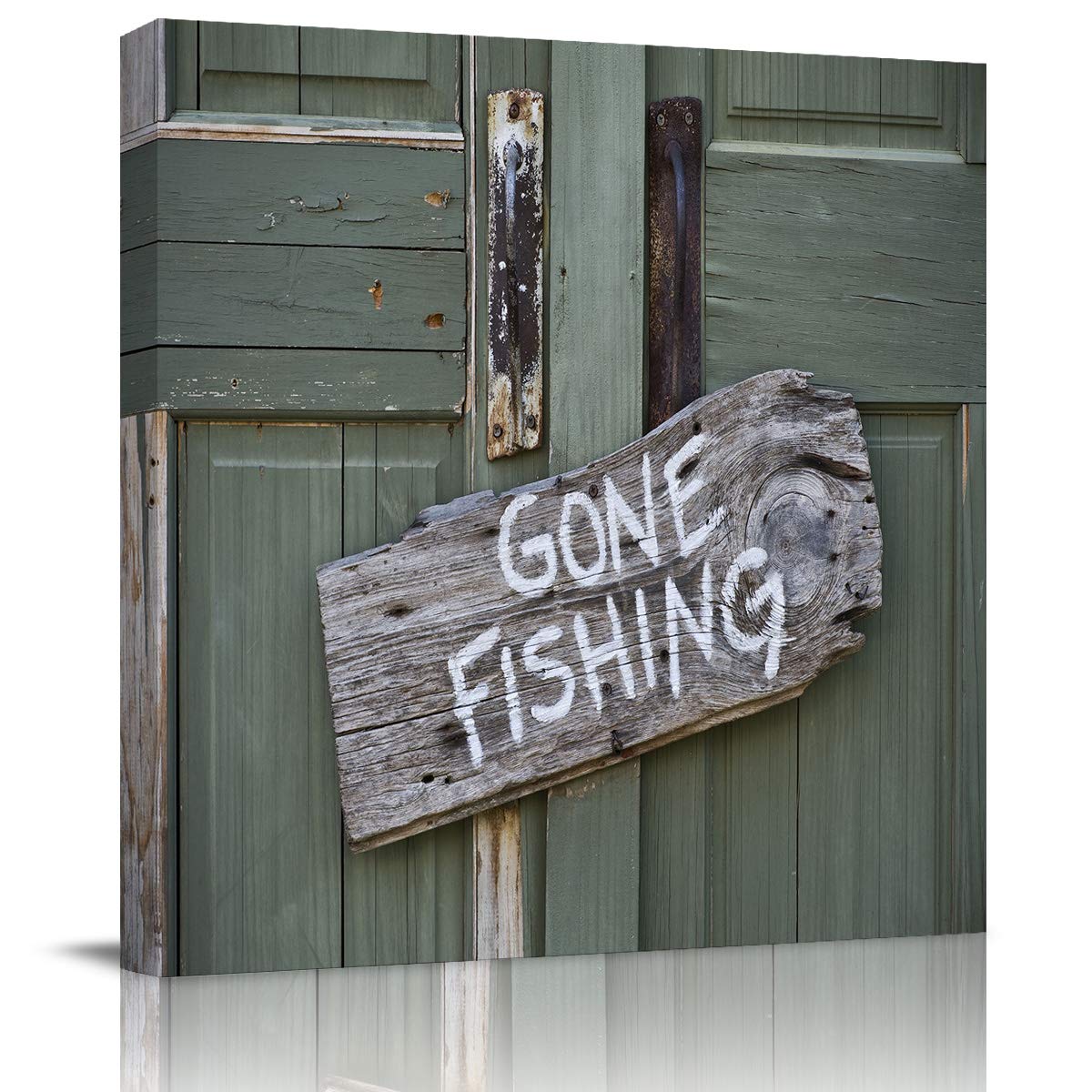 Gone Fishing Wooden Doors Canvas Wall Art - Framed Bathroom Decor Painting for Living Room, Kitchen, Office - Ready to Hang Home Decor | Perfect for Coastal, Rustic & Cabin Interior Design