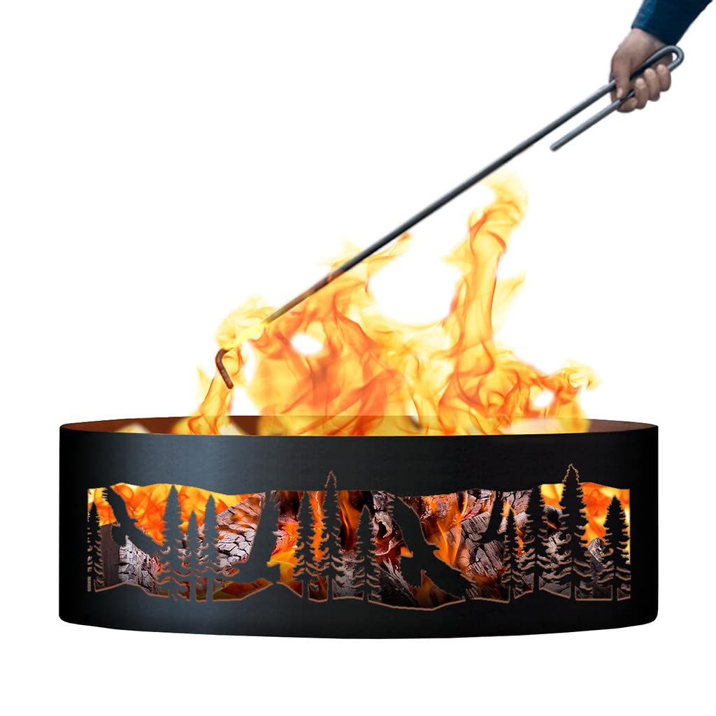 PD Metals SOEA01530-FP 12-inch Tall 30-inch Diameter Rustic Black Outdoor Fire Pit Ring with Fire Poker - Heavy Duty Steel Campfire Ring for Backyard, Patio, and Camping - Perfect for S'mores, Bonfires & Outdoor Gatherings