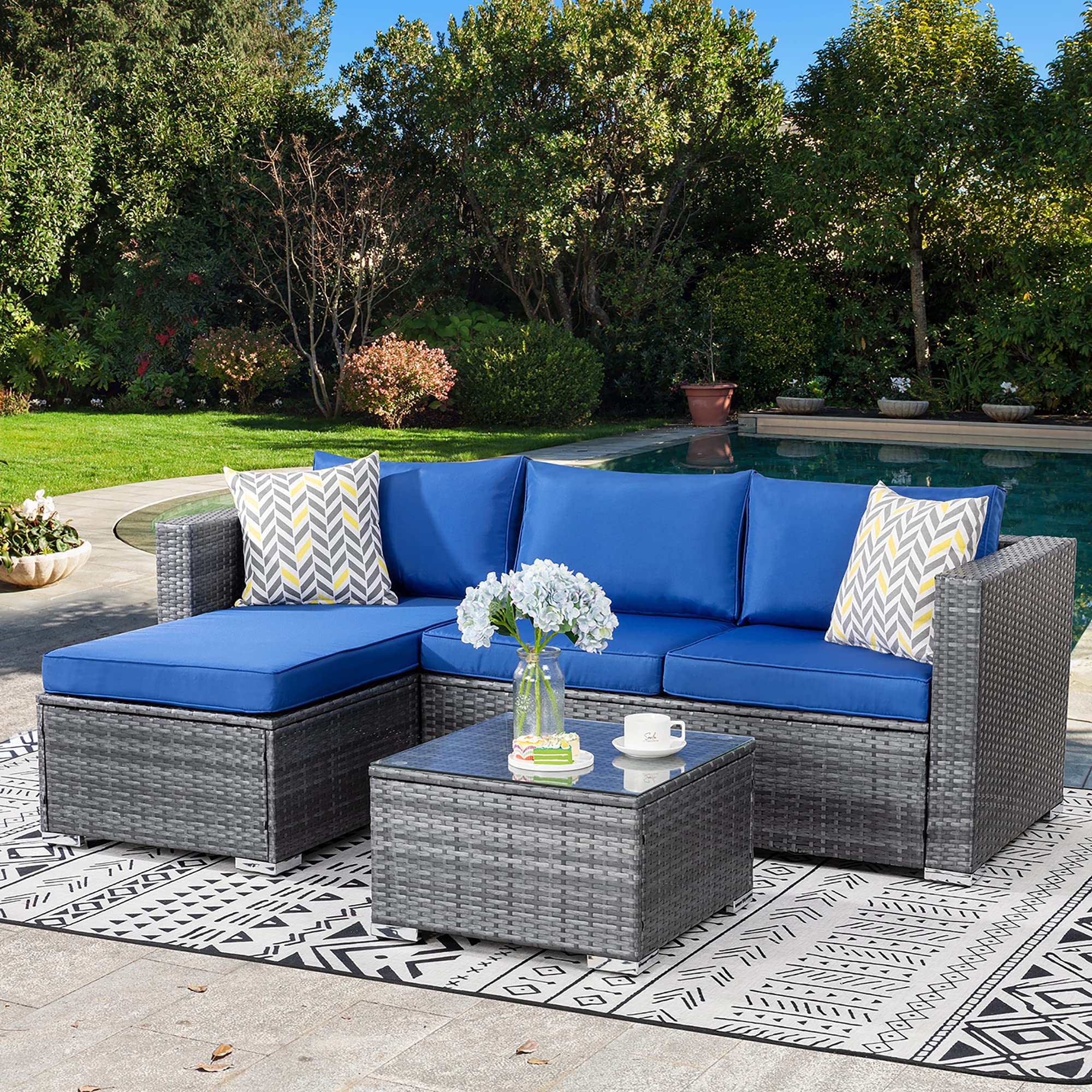 **JAMFLY 3-Piece Outdoor Patio Furniture Set - All-Weather Wicker Rattan Sectional Sofa with Low Back, Tea Table & Washable Cushions (Silver Gray & Deep Blue) - Perfect for Garden, Backyard, Poolside & Balcony Relaxation**