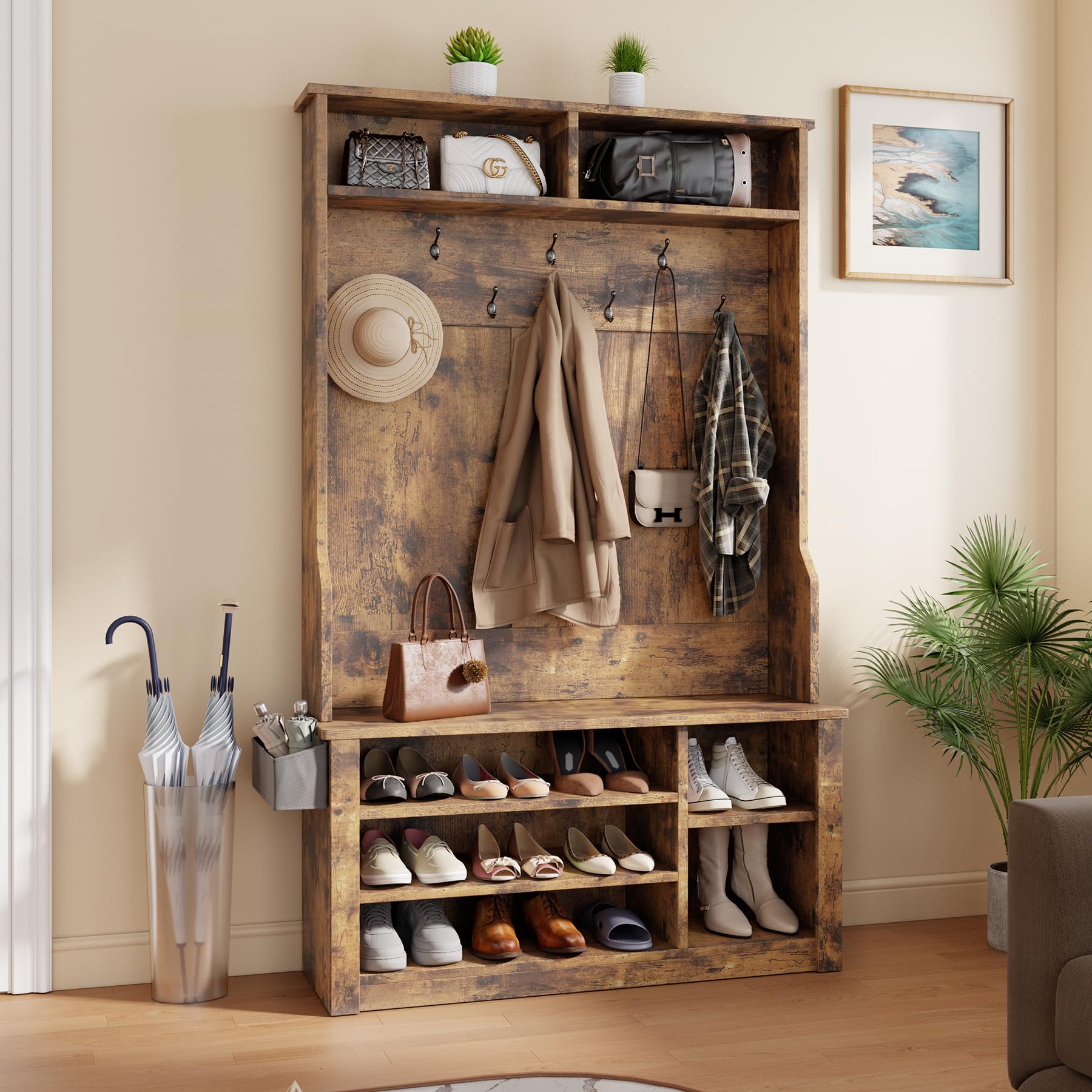 Aiho 3-in-1 Entryway Hall Tree with Bench, Coat Rack & Adjustable Shoe Storage | 2-Tier Top Shelf | Rustic Brown | Perfect for Hallway, Foyer, Bedroom & Small Space Organization