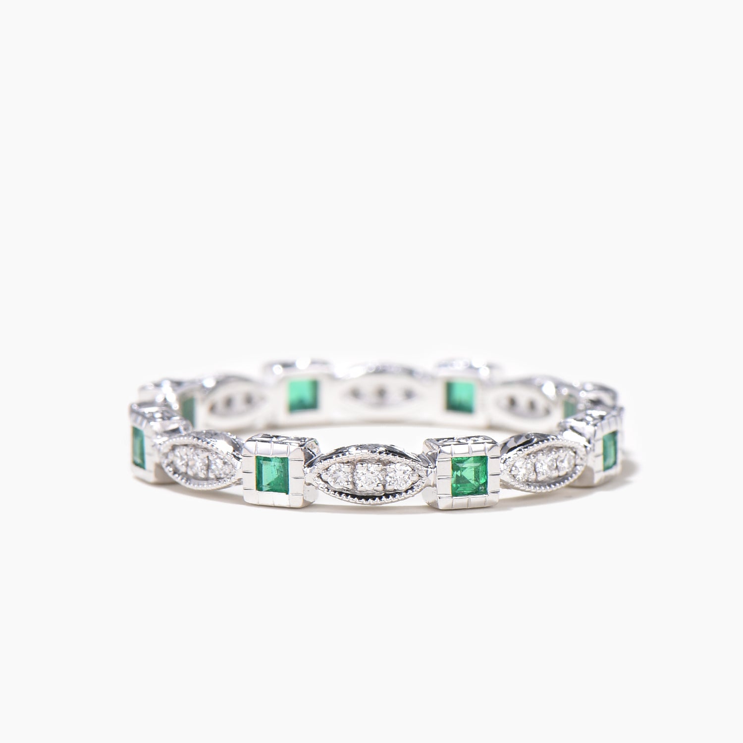 Princess Cut Emerald Bezel Wedding Ring - Diamond Full Eternity Band in 14K White Gold - Perfect for Engagement, Anniversary & Bridal Jewelry Gifts