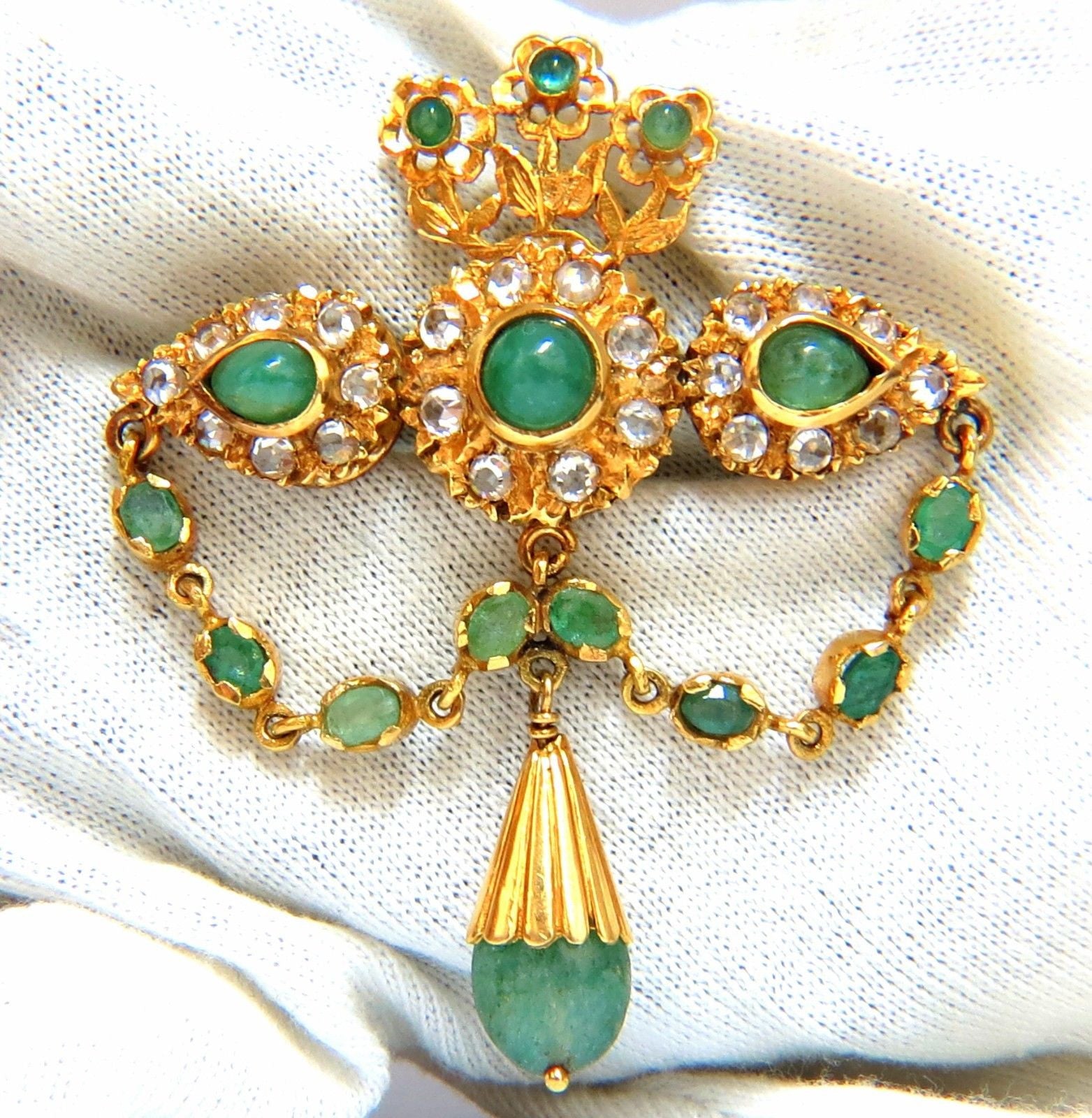 18KT Vintage Natural Emeralds & White Sapphires Medallion Dangle Brooch Pin – Elegant Jewelry for Weddings, Parties & Special Occasions