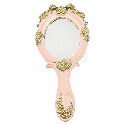 Vintage Rose Pattern Handheld Mirror - Classic Metal Vanity Makeup Mirror with Elegant Floral Design, Portable Travel Cosmetic Mirror for Women & Girls (Pink) | Perfect for Home Vanity, Travel Essentials, Bridal Makeup & Gift Giving