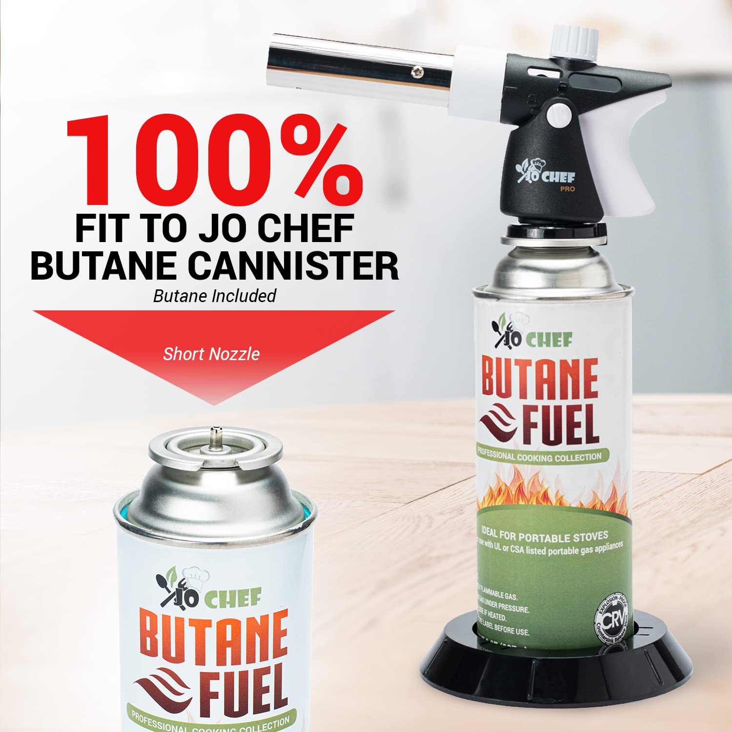Jo Chef Pro Butane Torch Lighter - Refillable Adjustable Flame Culinary Torch with Safety Lock for BBQ, Baking, Creme Brulee, Soldering & Crafts (Includes 4 Butane Canisters) | Perfect for Kitchen, DIY Projects & Outdoor Cooking