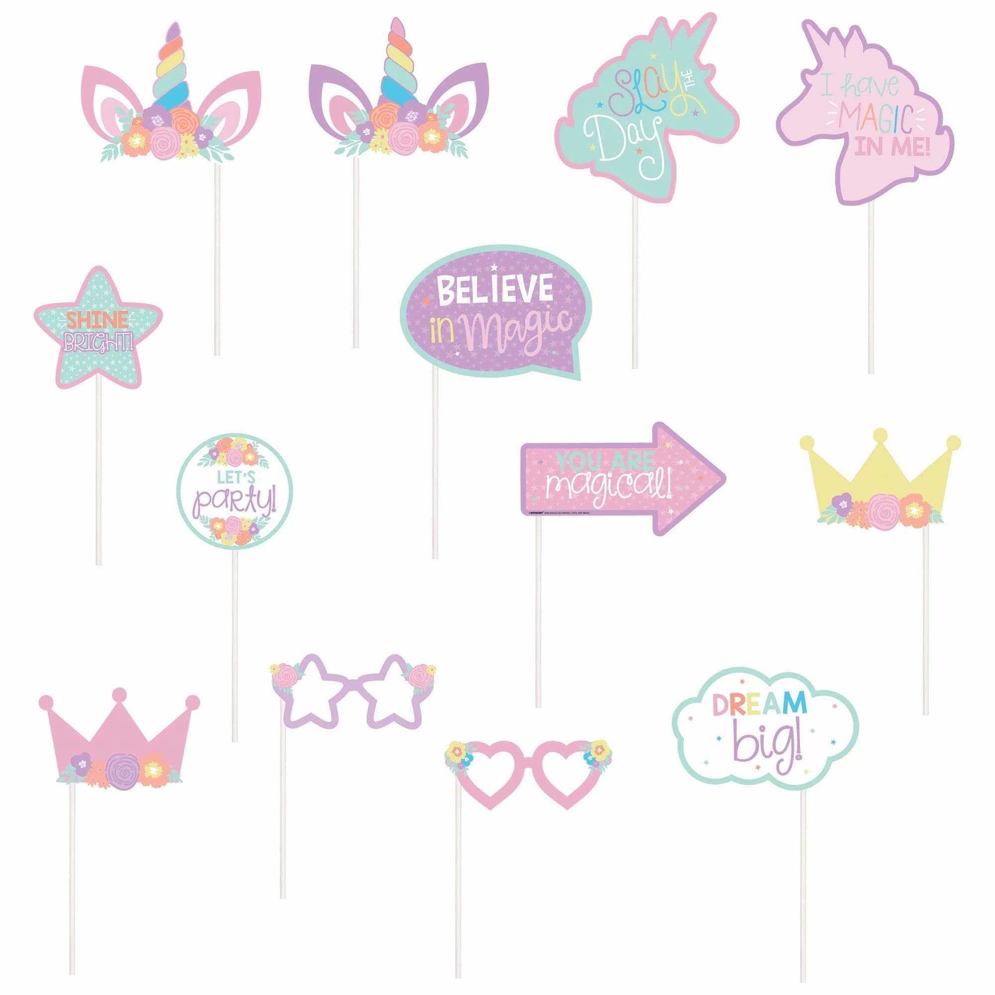 amscan Assorted Unicorn Photo Prop Kit - 13 Piece Set for Birthday Parties, Baby Showers & Themed Events | Perfect for Photo Booths, Social Media & DIY Decorations