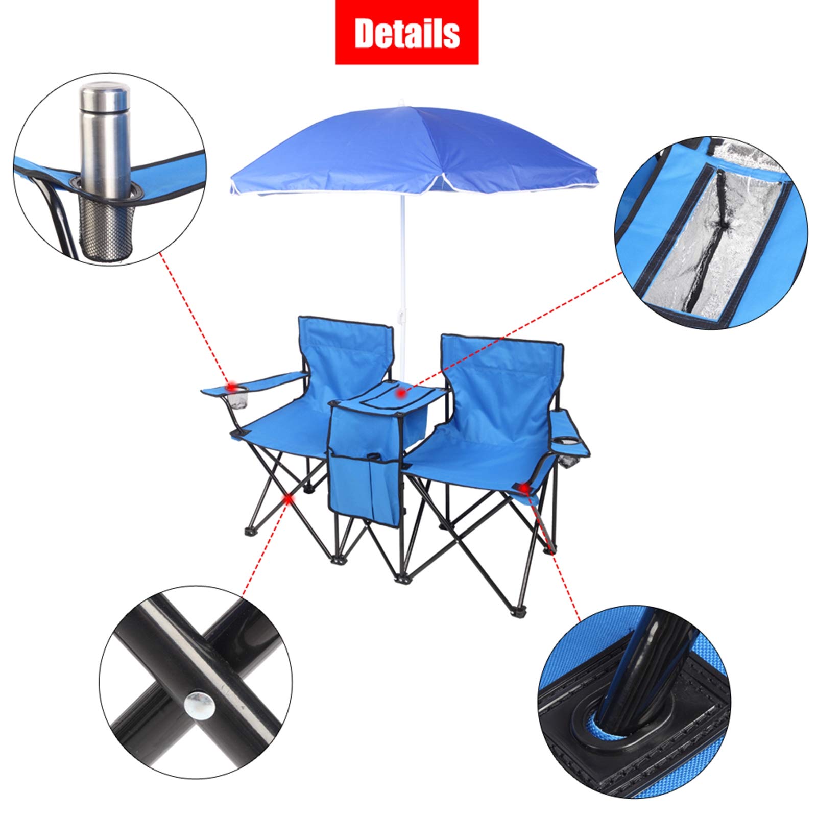 Portable Folding Beach Chair - 2 Seat Lightweight Camping Chair with Sun Umbrella & Cup Holder - 180 lb Capacity - Perfect for Outdoor Beach, Pool, Garden & Park Relaxation
