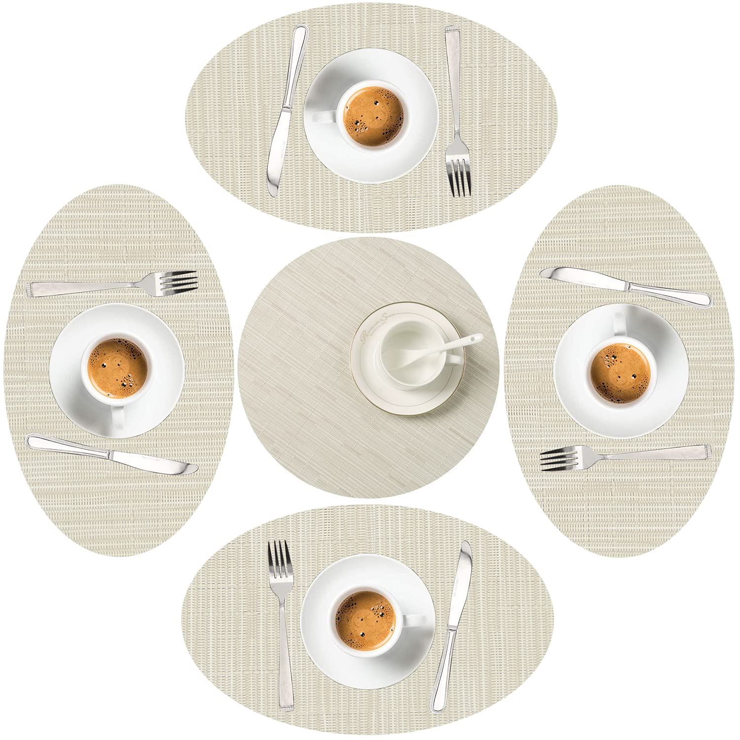 Eco-Friendly Oval Placemats with Centerpiece - Heat-Resistant Woven Vinyl Table Mats for Dining, Farmhouse, Restaurant & Hotel Use - Easy to Clean - Perfect for Holiday Dinners, Wedding Receptions & Upscale Events