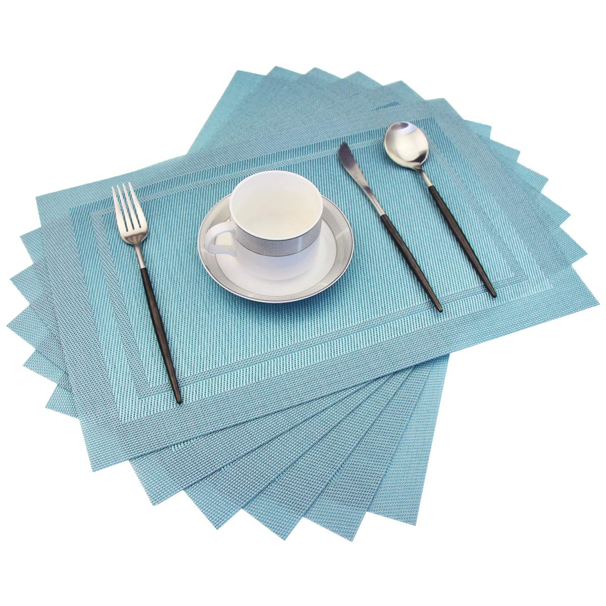 Premium Non-Slip Heat Insulation Placemats Set of 6 - Washable Woven Vinyl Table Mats for Dining Kitchen, Stain Resistant & Easy to Clean (Sky Blue) - Perfect for Family Meals, Dinner Parties & Daily Use