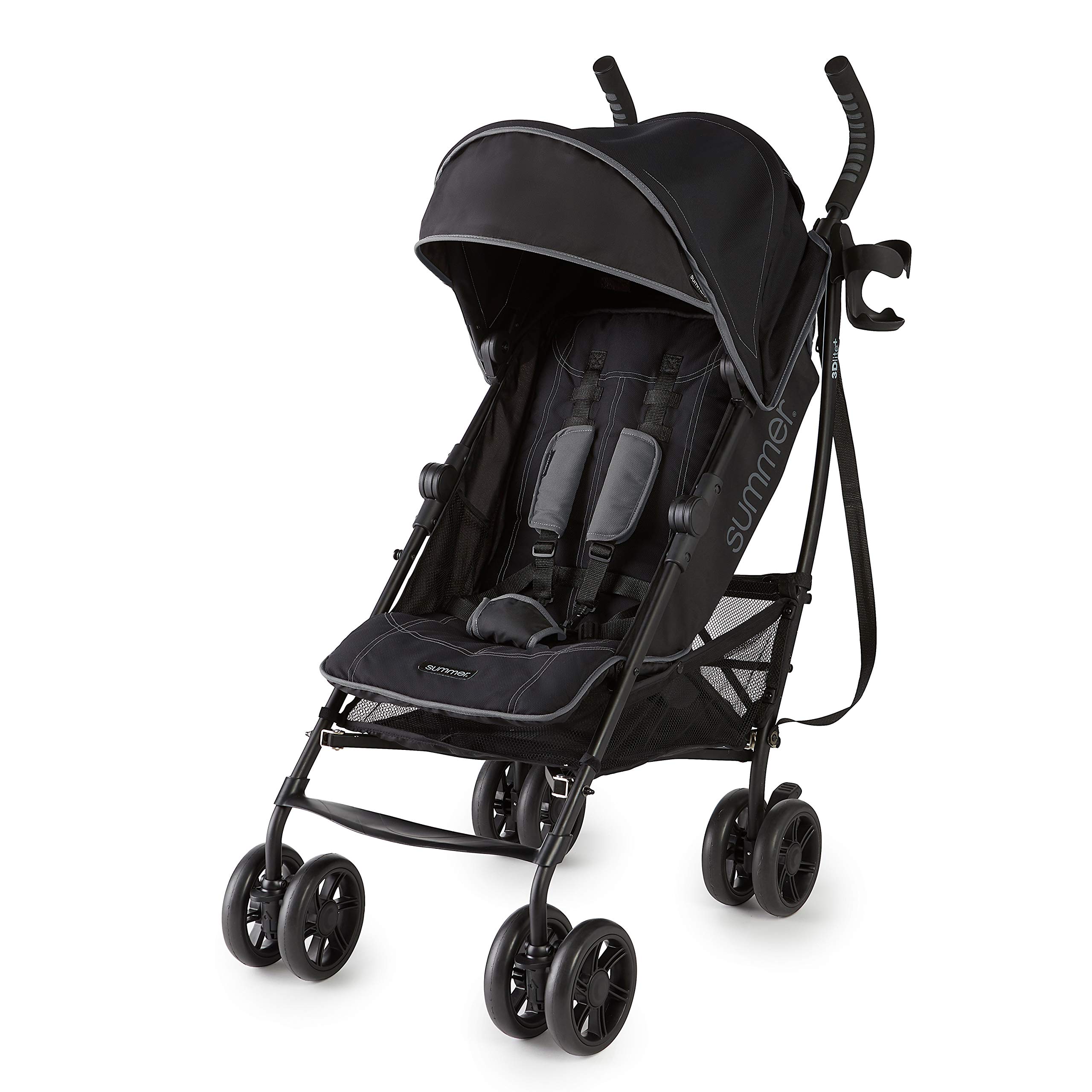 Summer Infant 3Dlite+ Lightweight Umbrella Stroller - Compact Fold, Oversized Canopy & Extra Storage - Black | Perfect for Travel, Shopping & Everyday Use