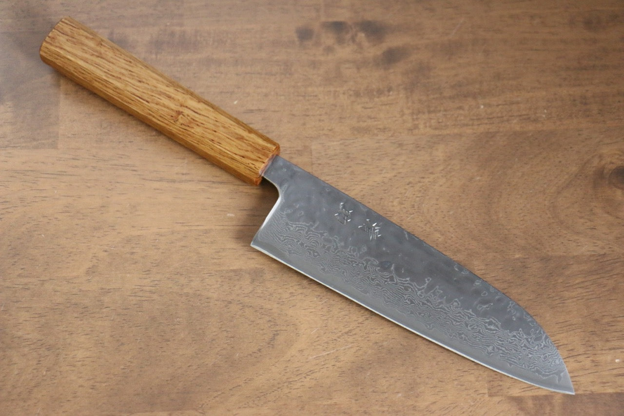 Premium AUS10 Damascus Santoku Knife 170mm - Handcrafted Hammered Finish with Oak Handle - Perfect for Slicing, Dicing, and Chopping Vegetables, Meat, and Fish in Professional Kitchens & Home Cooking