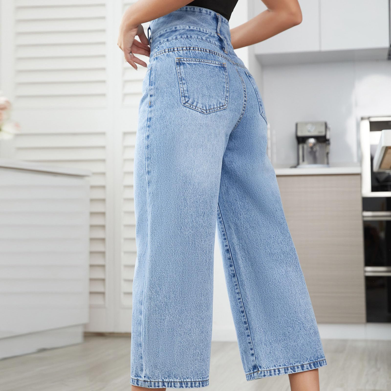 Women's High Waisted Stretch Capri Jeans - Baggy Denim Pants with Straight Wide Leg & Flared Cropped Design | Casual Comfort for Summer, Beach & Everyday Wear