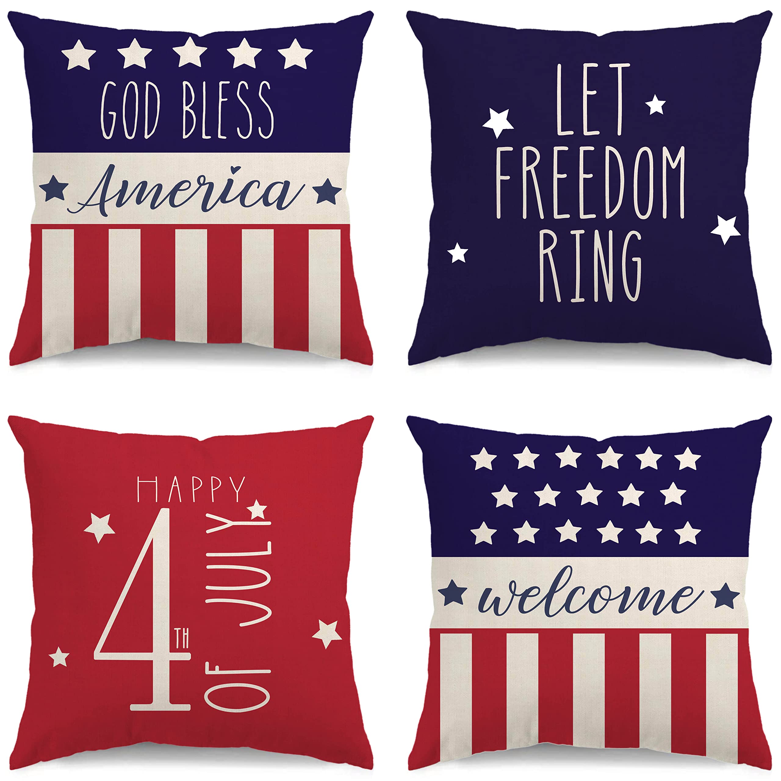 4th of July Patriotic Pillow Covers Set of 4 - 18x18 Inch American Flag Stars and Stripes Throw Pillows for Independence Day, Memorial Day, USA Decor - Perfect for Sofa, Couch, Porch & Patriotic Home Decor