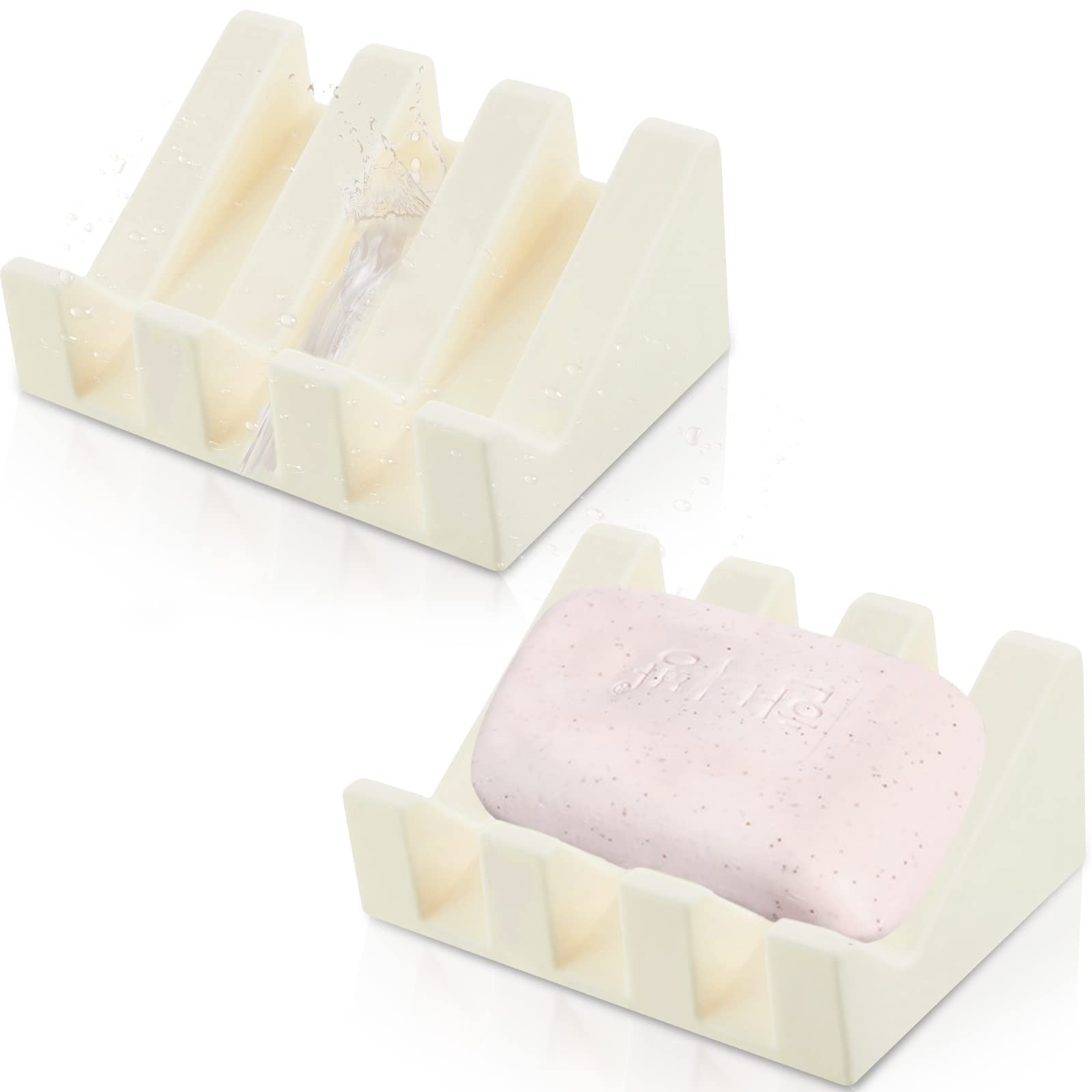 Cunhill 2-Pack Self-Draining Silicone Soap Dish Holder - Waterfall Design Soap Tray with Drain Holes for Kitchen & Bathroom - Cream White - Perfect for Shower, Sink Countertop, and Vanity Organizer