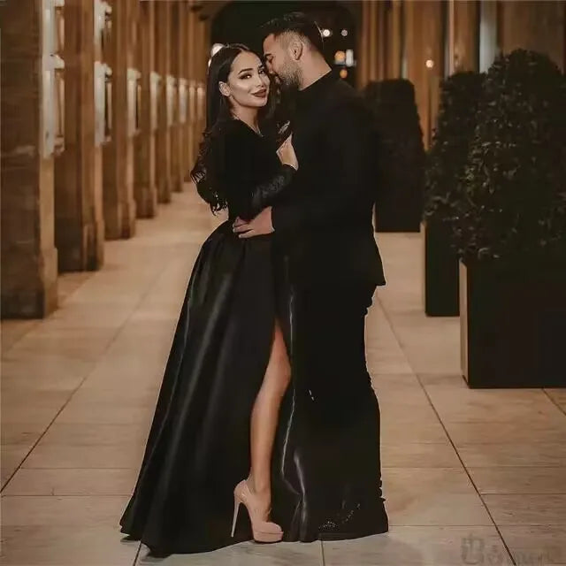 Elegant V-Neck Long Sleeve Satin Evening Dress with High Waist & Side Slit - Perfect for Prom, Party & Formal Occasions