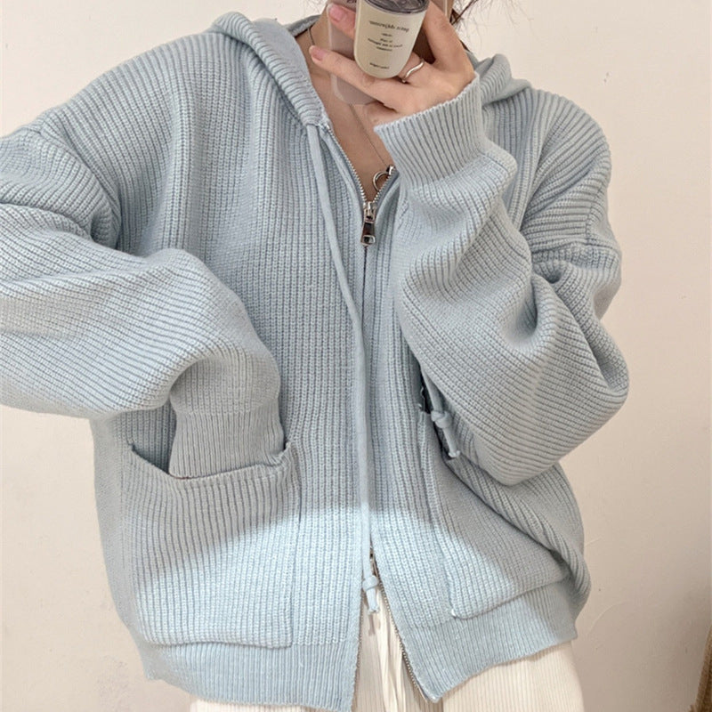 Men's Autumn Winter Zipper Hooded Sweater - Loose Fit Knitted Cardigan Jacket for Casual Wear | Warm Fleece Lined Coat for Outdoor Activities & Daily Use