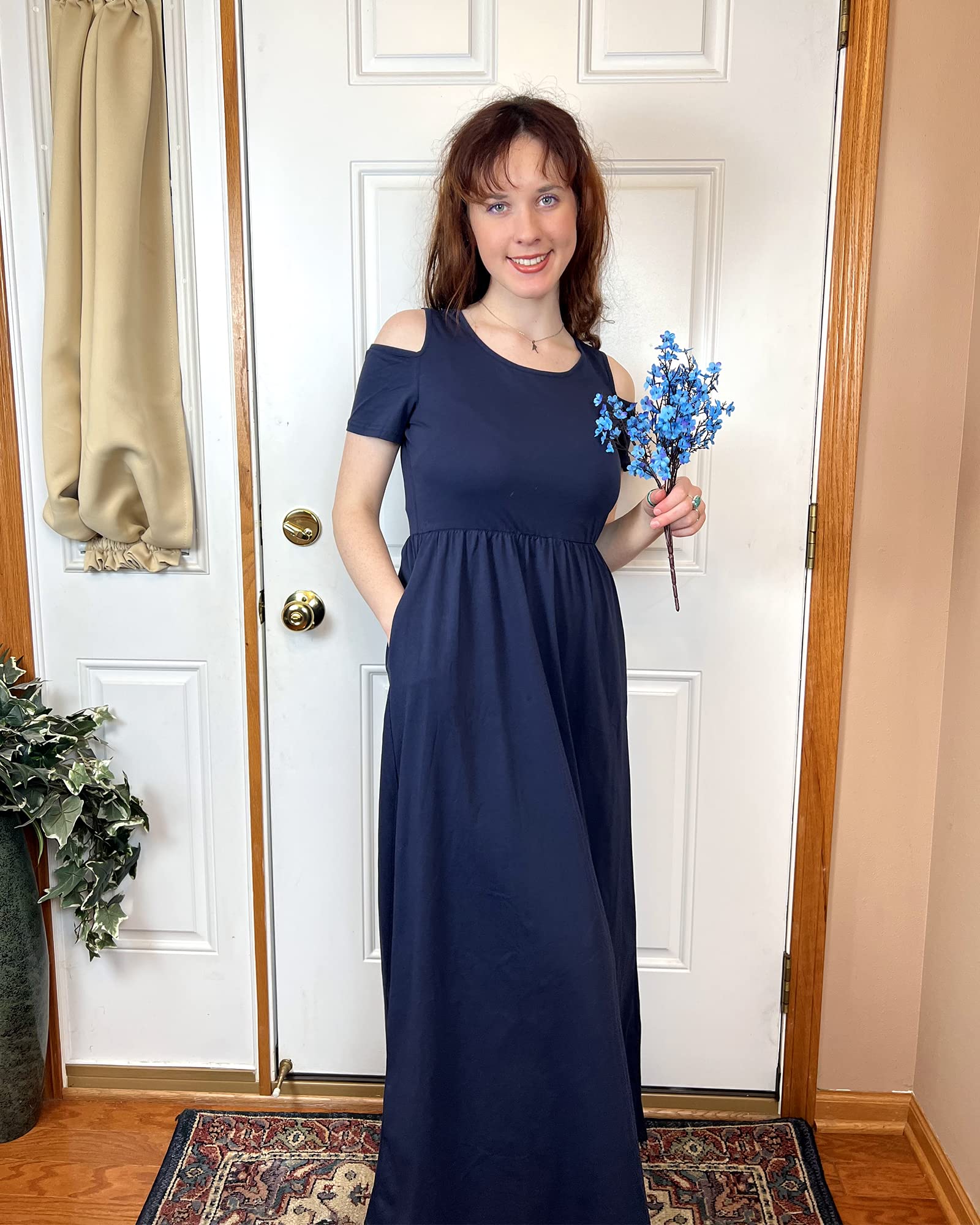STYLEWORD Women's Summer Maxi Long Dress 2025 - Cold Shoulder Sundress with Pockets for Beach, Vacation & Casual Wear
