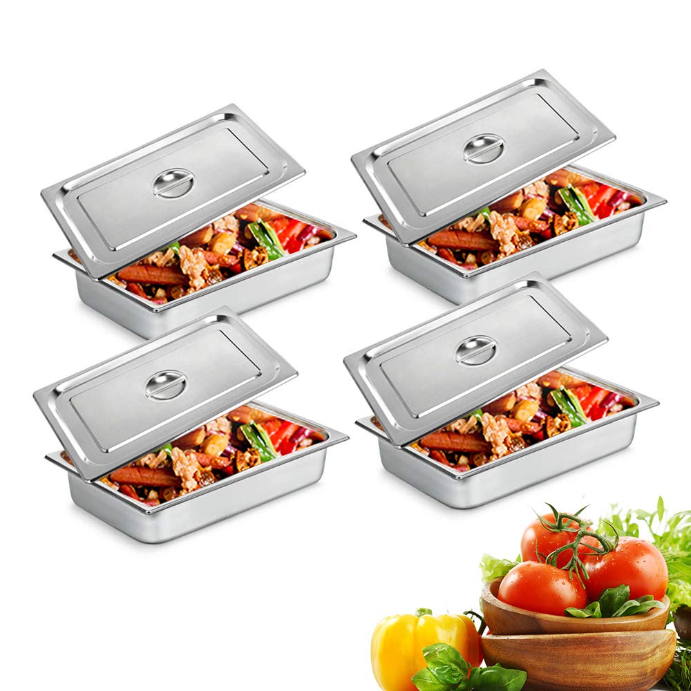 LOYALHEARTDY 4-Pack 4-Inch Deep Full Size Stainless Steel Hotel Pans with Lids - Commercial Grade Steam Table Pans for Buffet, Catering & Food Service - Durable & Anti-Jam Restaurant Food Pans