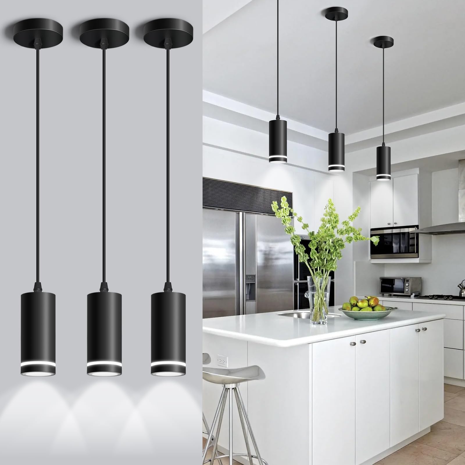 OKELI 3-Pack Mini Pendant Lights - Modern Black LED Hanging Fixtures with COB Lamp Beads for Kitchen Island, Dining Room, Bar Counter - 12W ETL Certified Dimmable Lighting