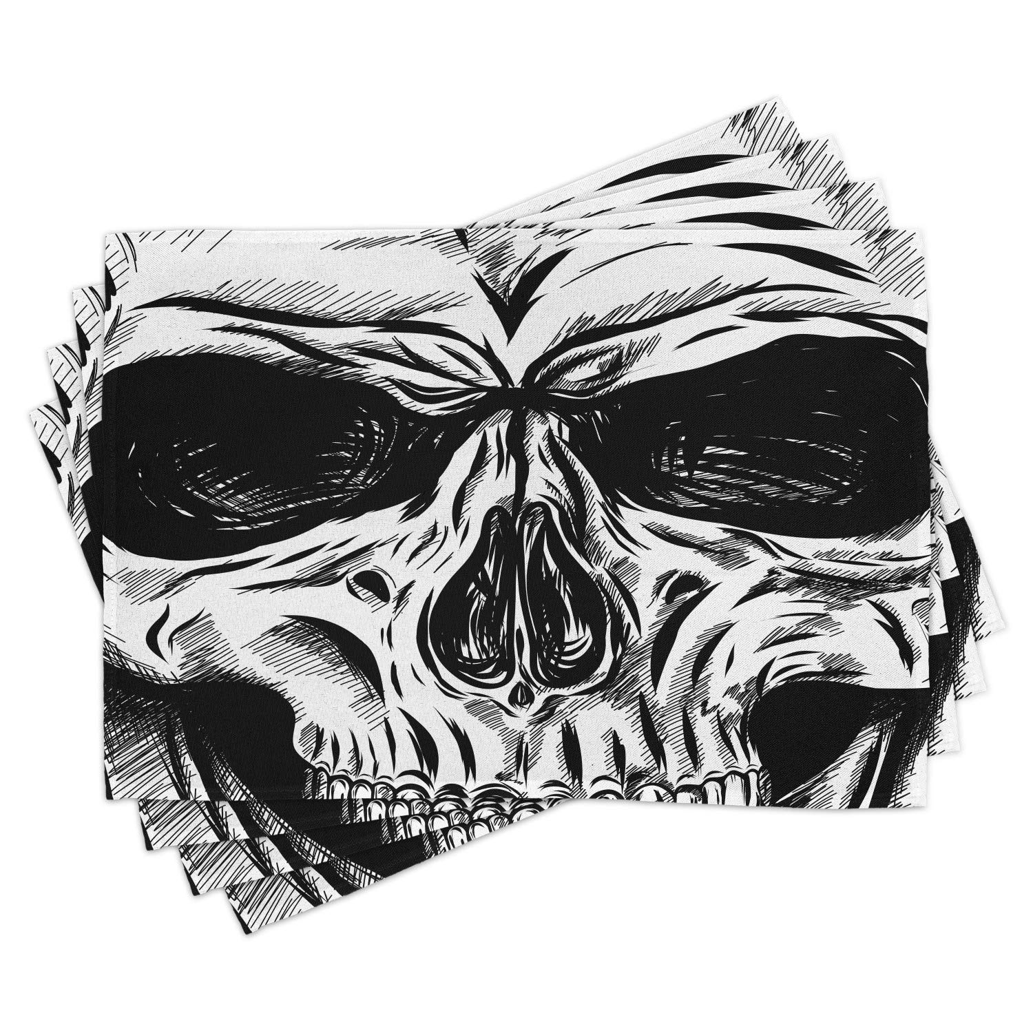 Ambesonne Halloween Place Mats Set of 4 - Gothic Skull Face & Skeleton Illustration Washable Fabric Dining Table Mats - Black & White Standard Size - Perfect for Spooky Dinner Parties & Halloween Decor