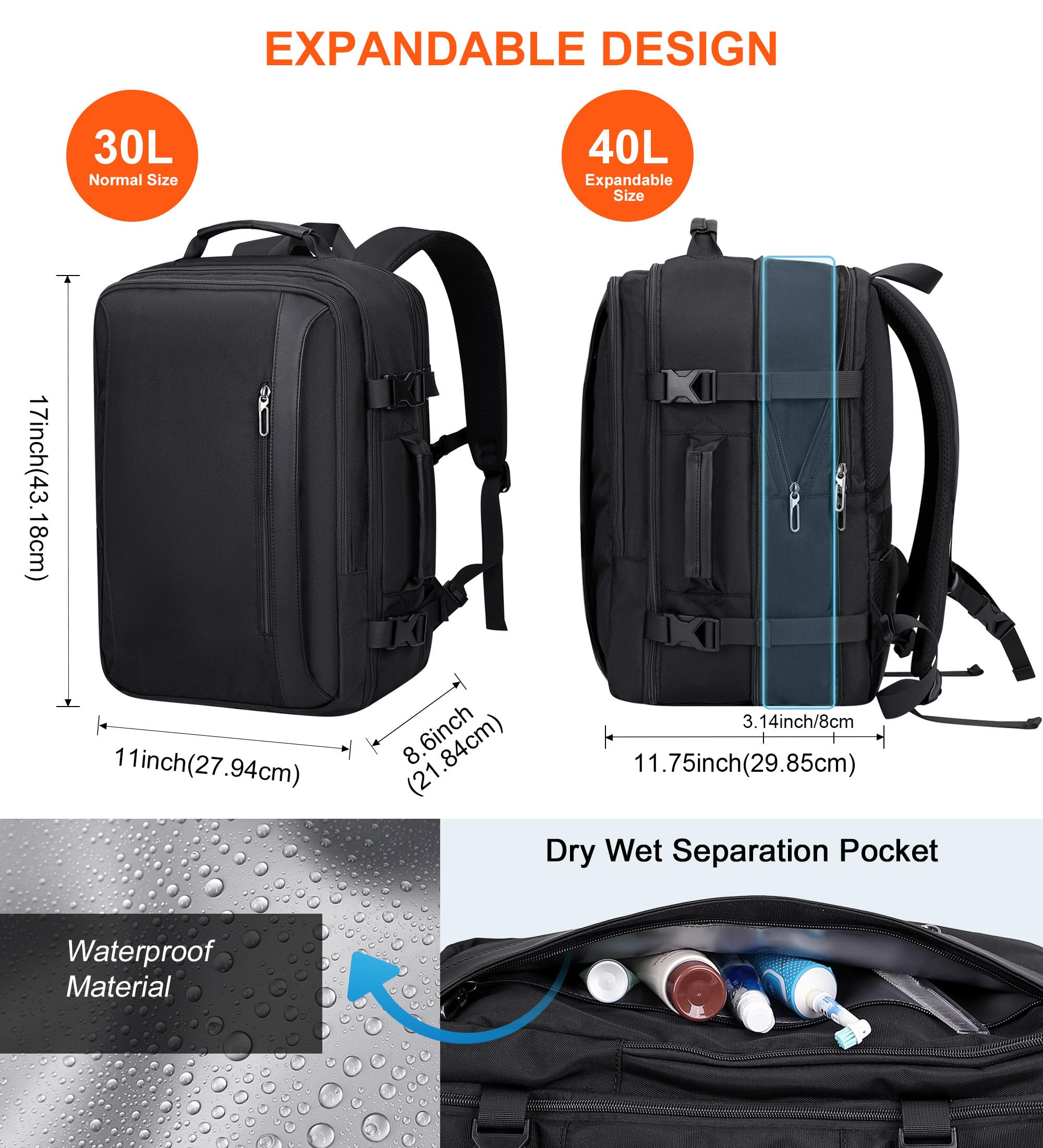 PIJUSHI Expandable 40L Travel Backpack for Women & Men - Flight Approved Carry On Backpack with USB Charging Port & 16 Inch Laptop Compartment (Black) - Perfect for Business Trips, Weekend Getaways & Airplane Travel