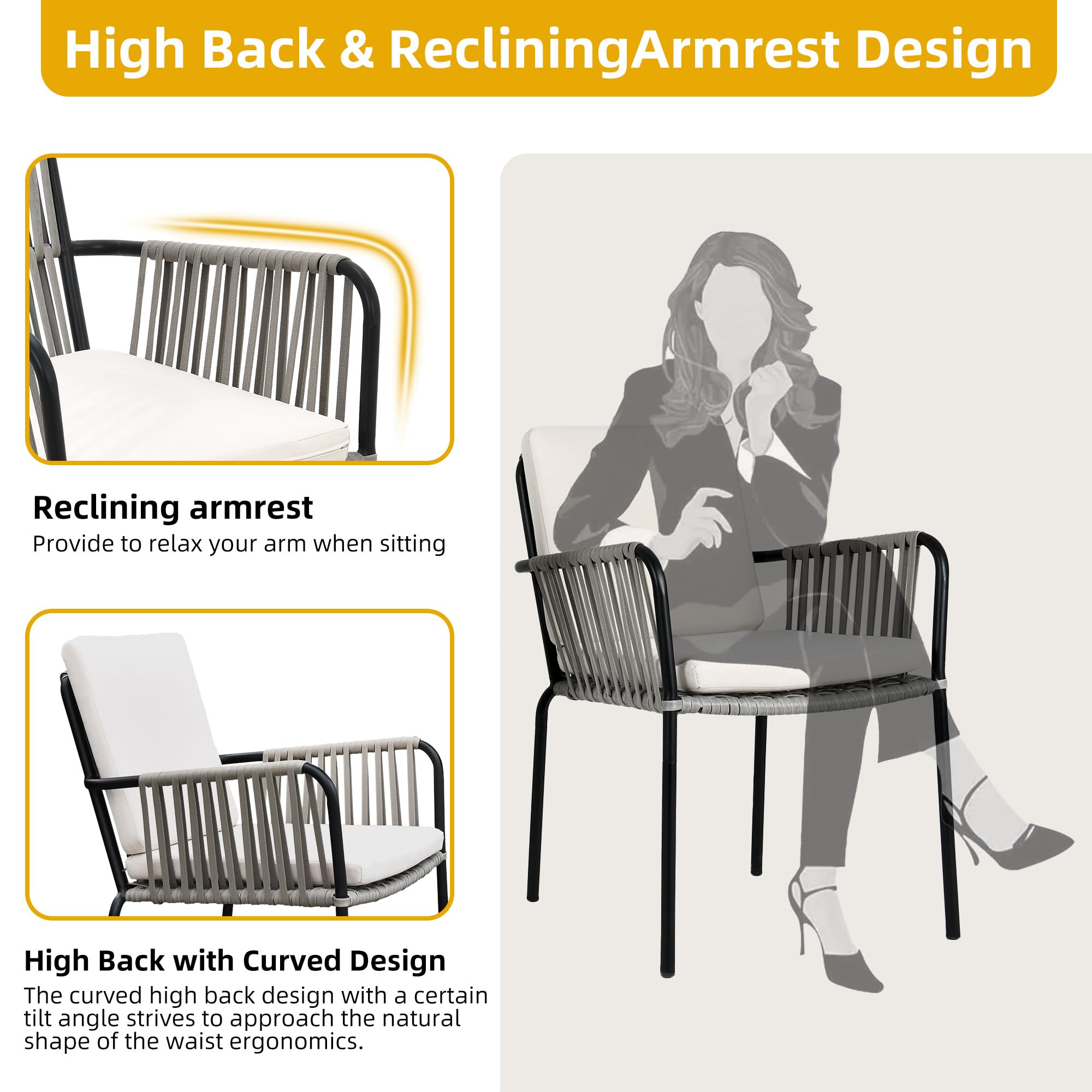 DWVO 2-Piece Outdoor Patio Dining Chairs Set with Arms & Cushions - Durable Rope & Rattan Design for Garden, Porch, Backyard, Poolside, Balcony - Weather-Resistant Grey Furniture for Relaxing & Entertaining